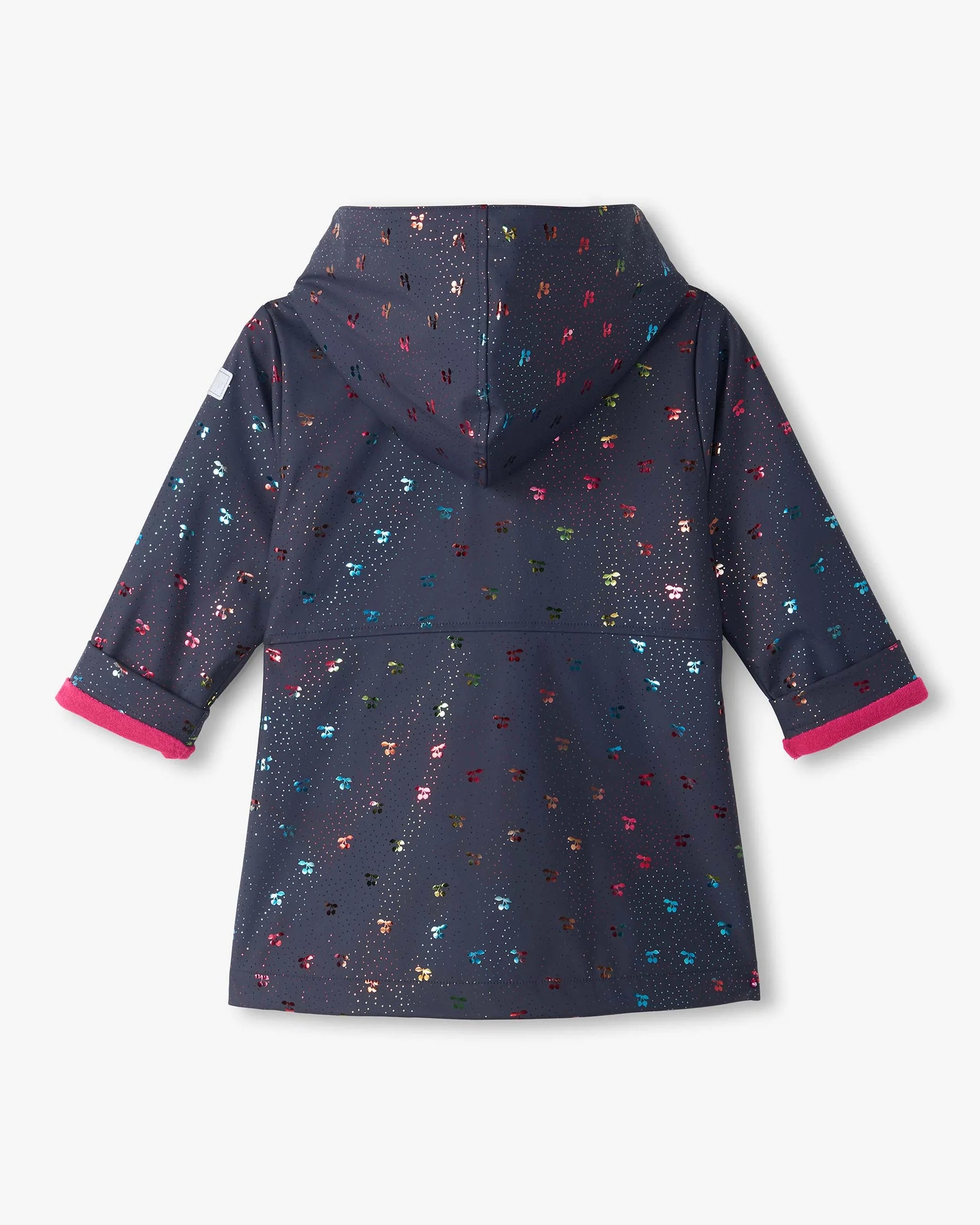 Hatley girls Rainbow Foil Cherry waterproof navy raincoat back view