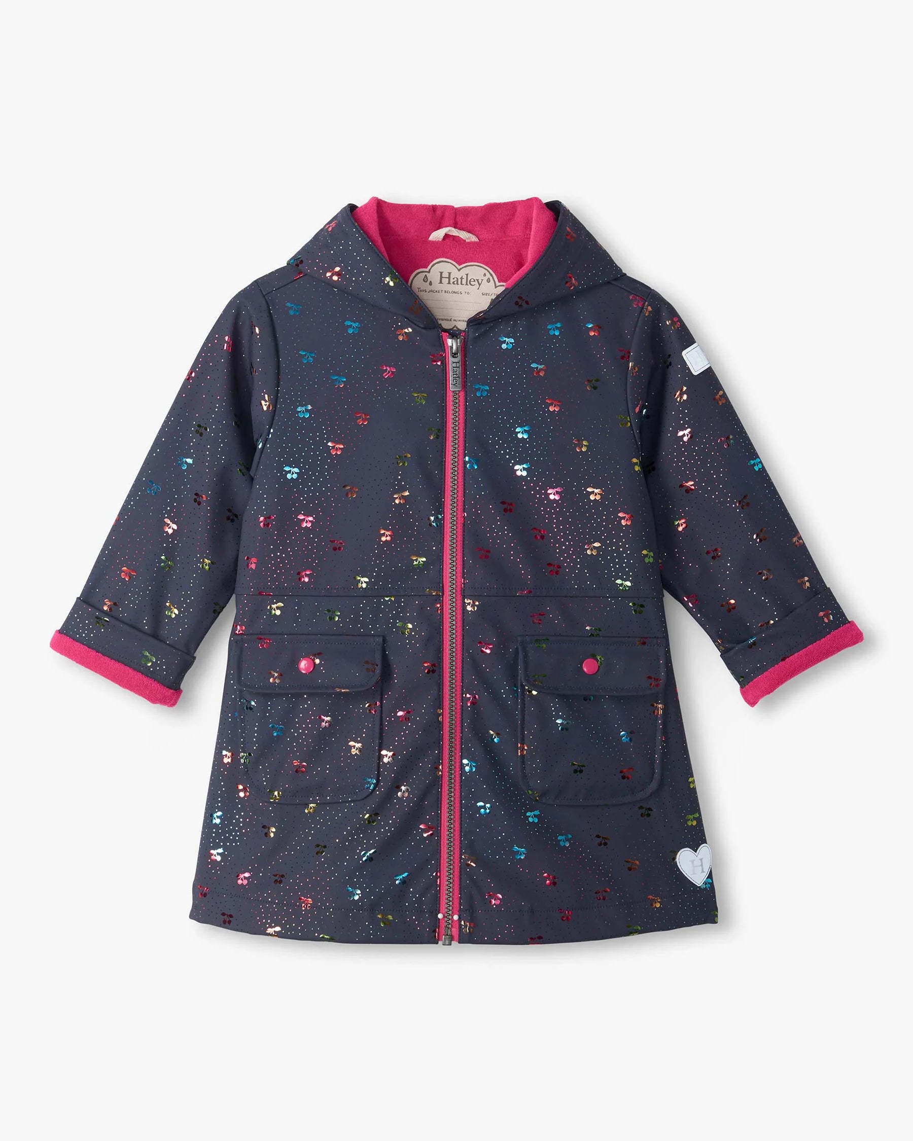 Hatley girls Rainbow Foil Cherry waterproof navy raincoat front view