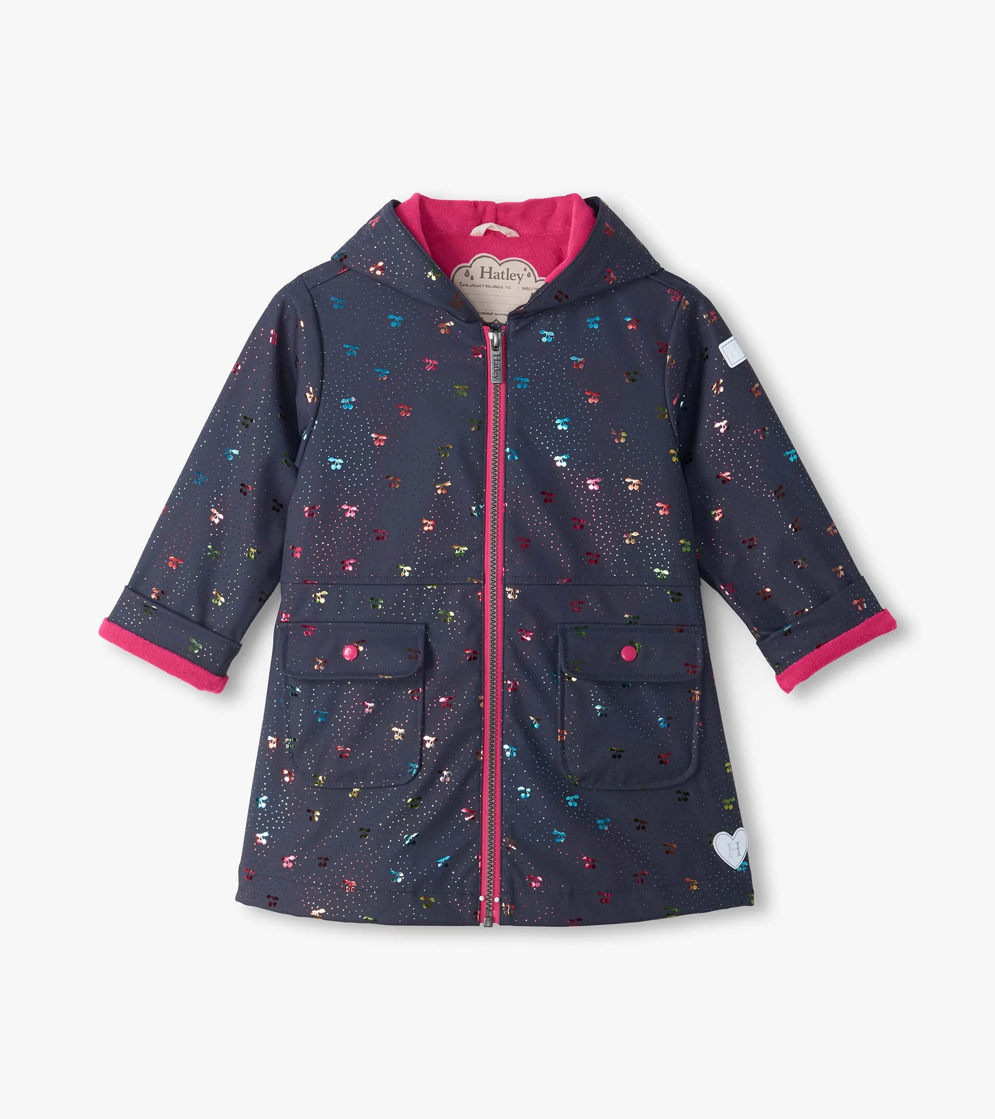 Hatley girls Rainbow Foil Cherry waterproof navy raincoat front view