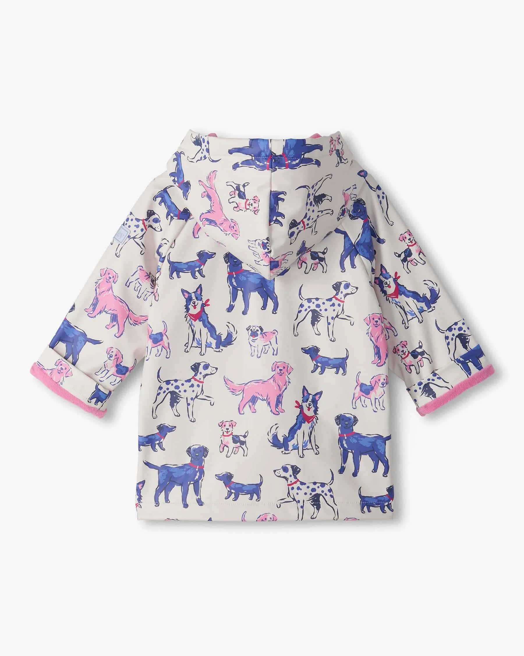 Hatley Little Pups girls waterproof raincoat Sea Salt dog print back view Of hood