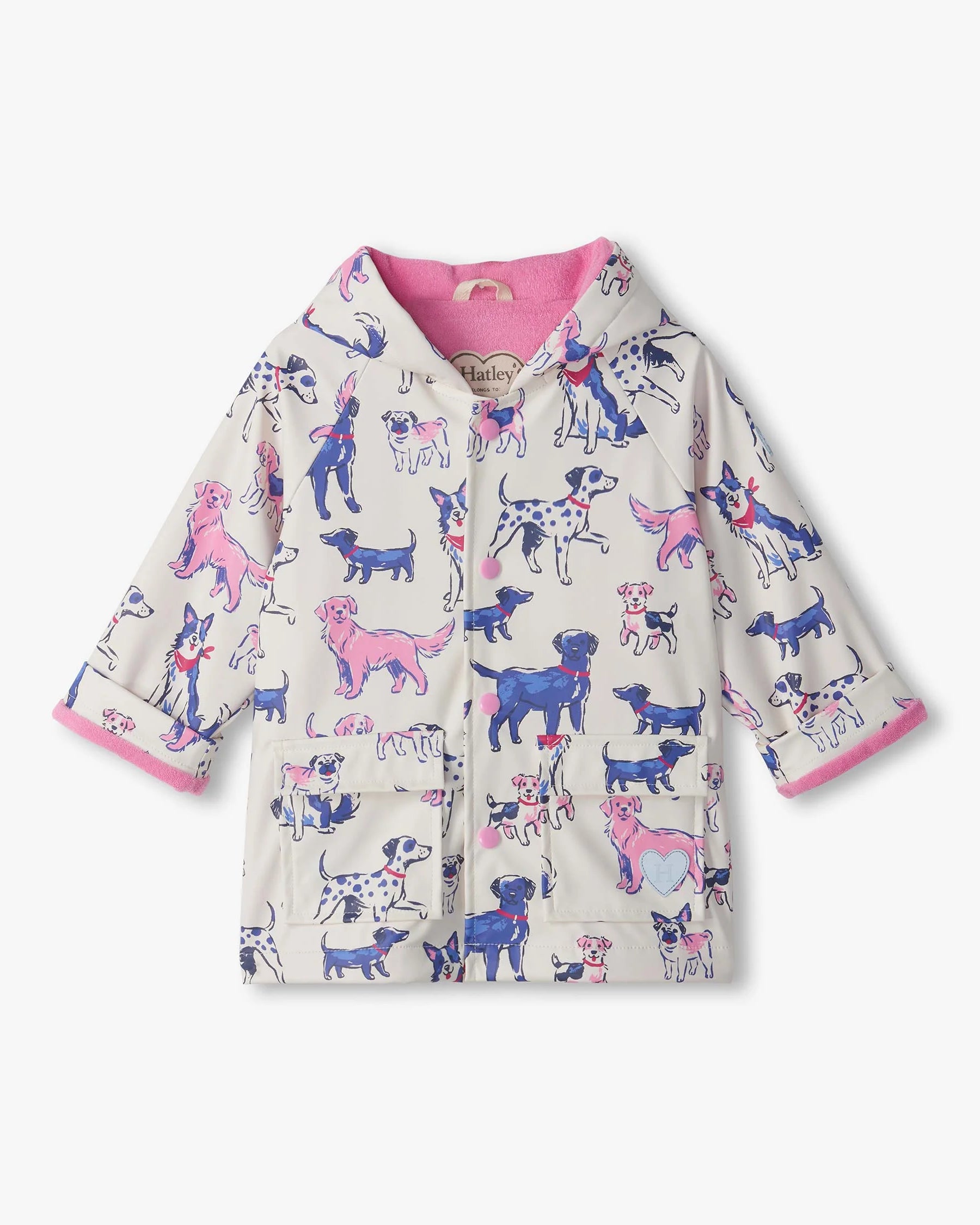 Hatley Little Pups girls waterproof raincoat Sea Salt dog print front view
