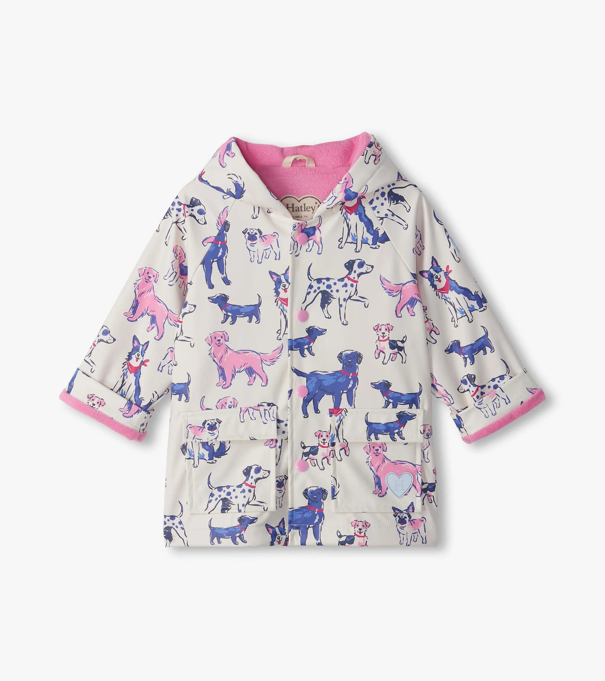 Hatley Little Pups girls waterproof raincoat Sea Salt dog print front view