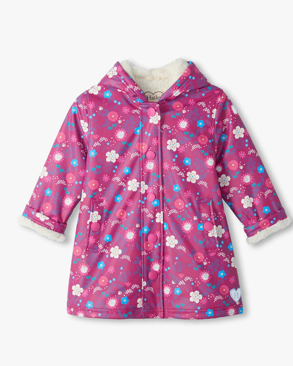 Hatley Girls Tiny Flowers sherpa lined jacket in Raspberry Radiance front view