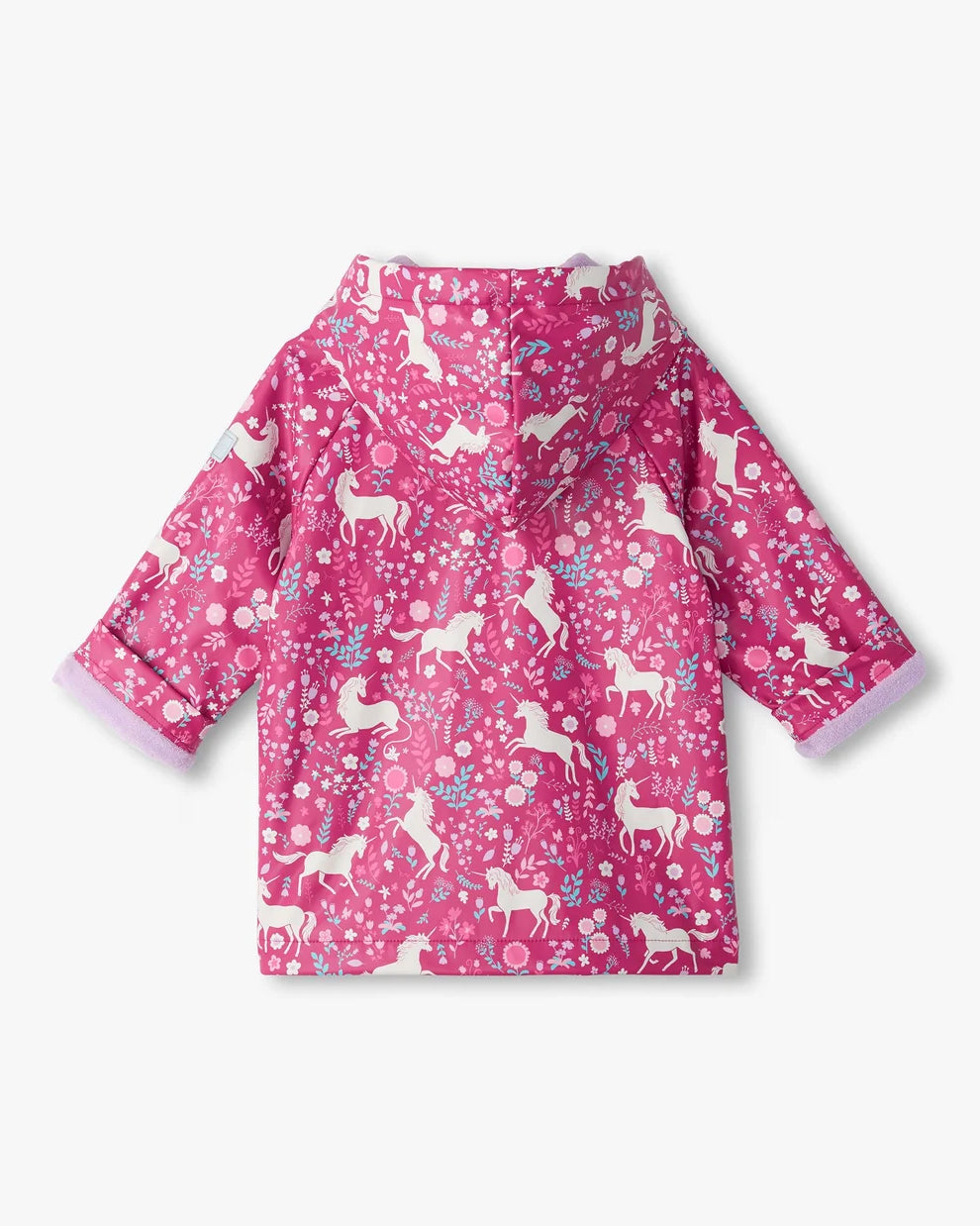 Hatley girls pink Unicorn Forest waterproof raincoat back view