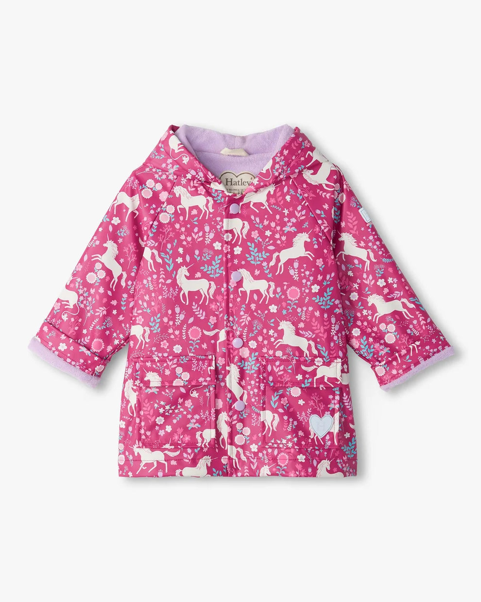 Hatley girls pink Unicorn Forest waterproof raincoat front view