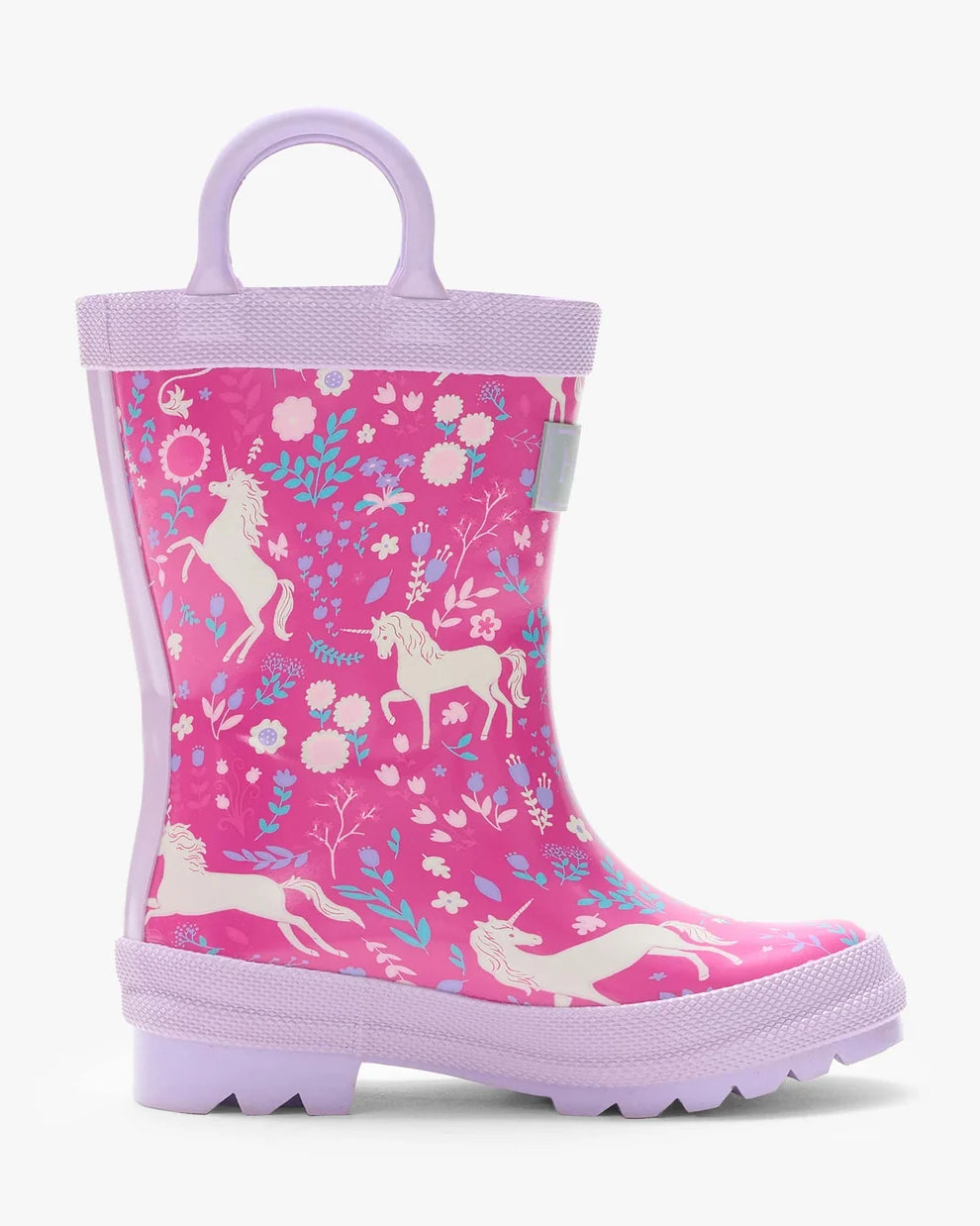 Hatley Girls Unicorn Forest pink waterproof wellie side view with lavender sole