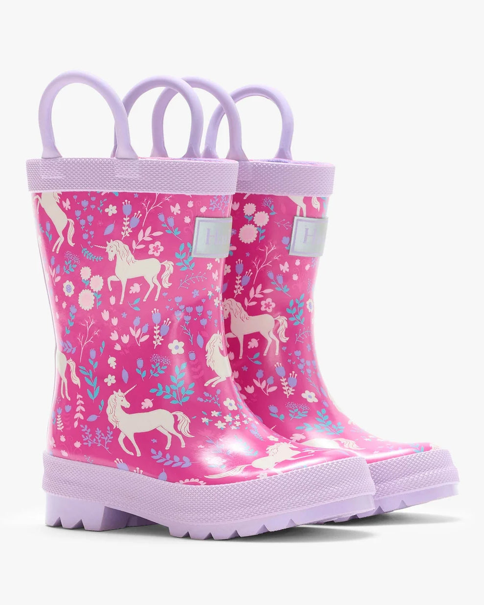 Hatley Girls Unicorn Forest pink rain wellies with lavender handles and unicorn floral print