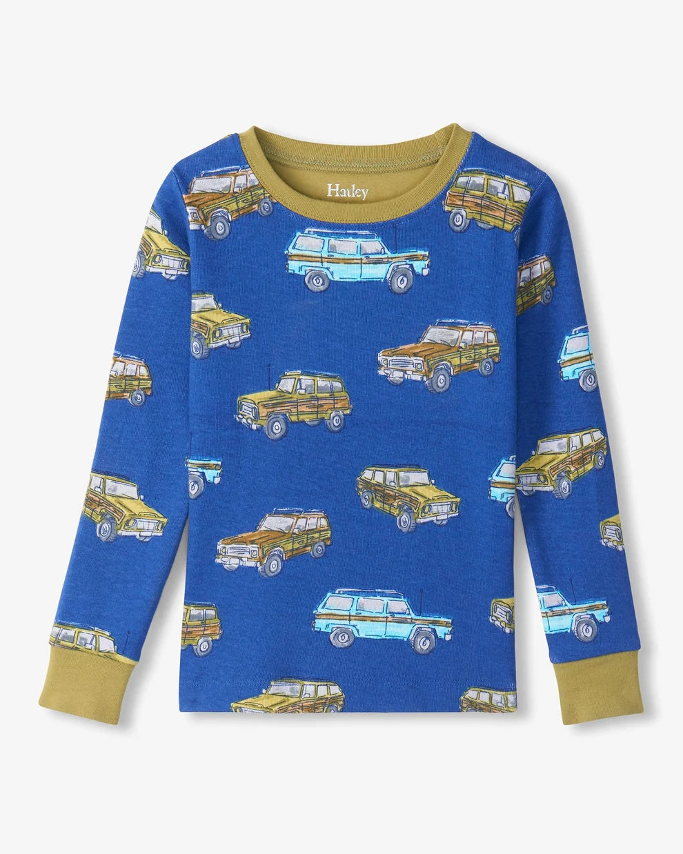 Hatley Boys Vintage Trucks organic cotton pyjama top in blue with olive green trim