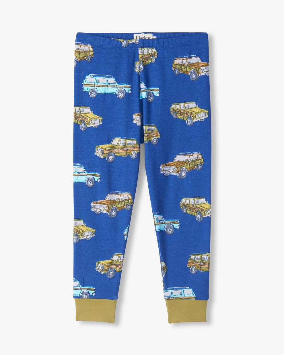Hatley Boys Vintage Trucks organic cotton pyjama bottoms in blue with olive green cuffs