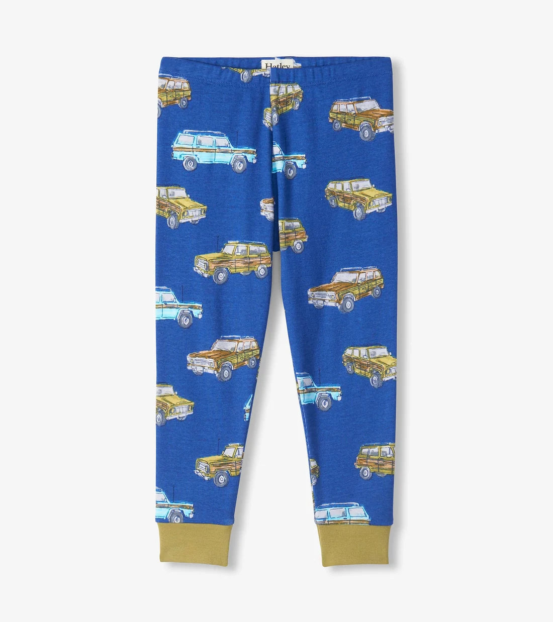 Hatley Boys Vintage Trucks organic cotton pyjama bottoms in blue with olive green cuffs