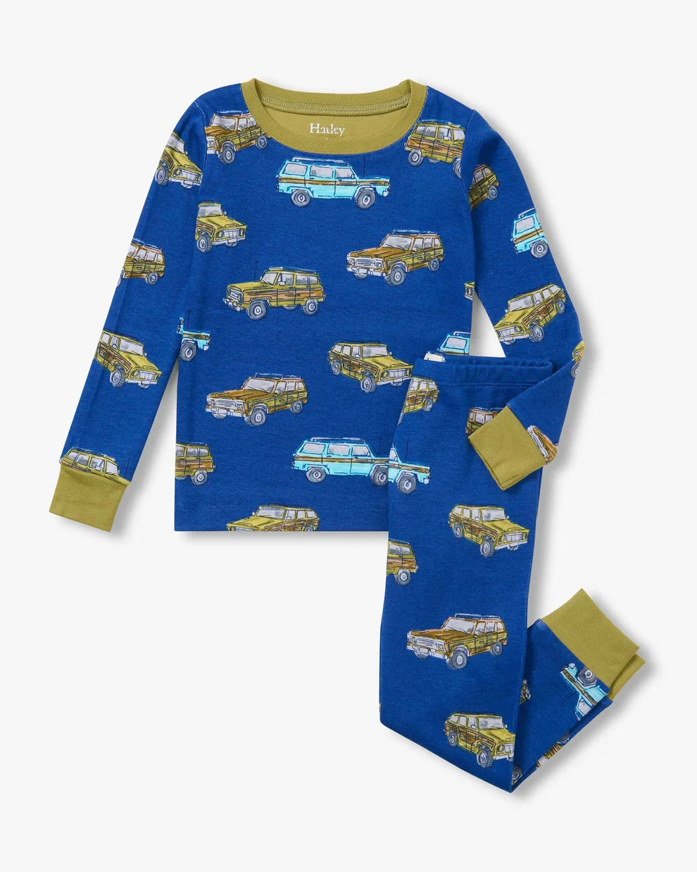 Hatley Boys Vintage Trucks cotton pyjama set in blue with classic car and truck print