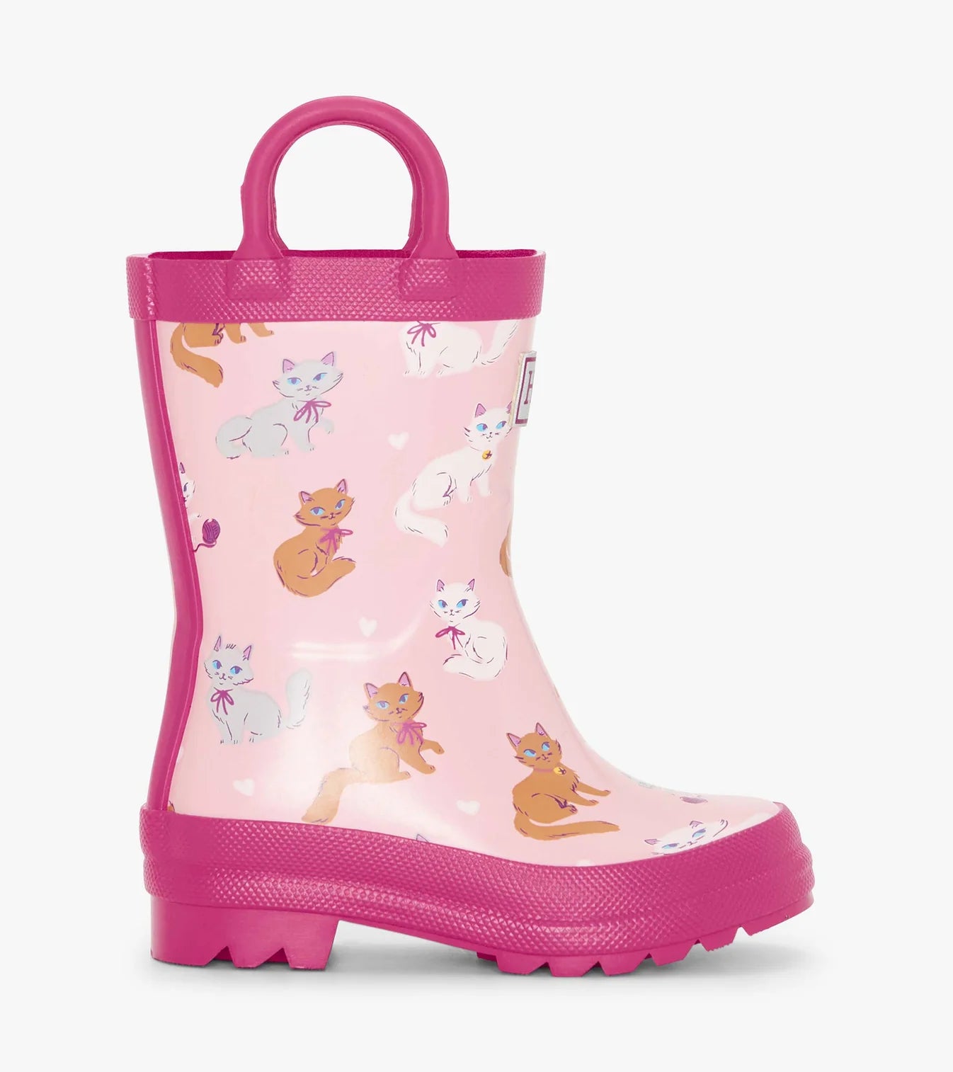 Hatley toddler girls rain boot – glossy pink side profile with kitten print and chunky rubber sole