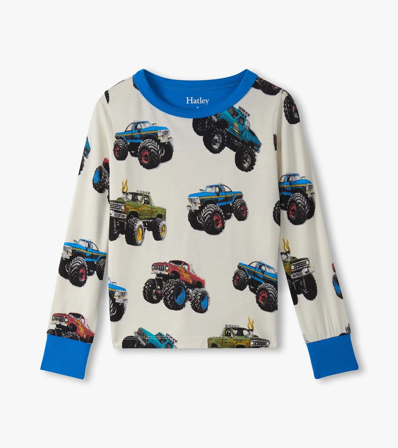 Hatley boys monster truck pyjama top with long sleeves and blue neckline, cuffs