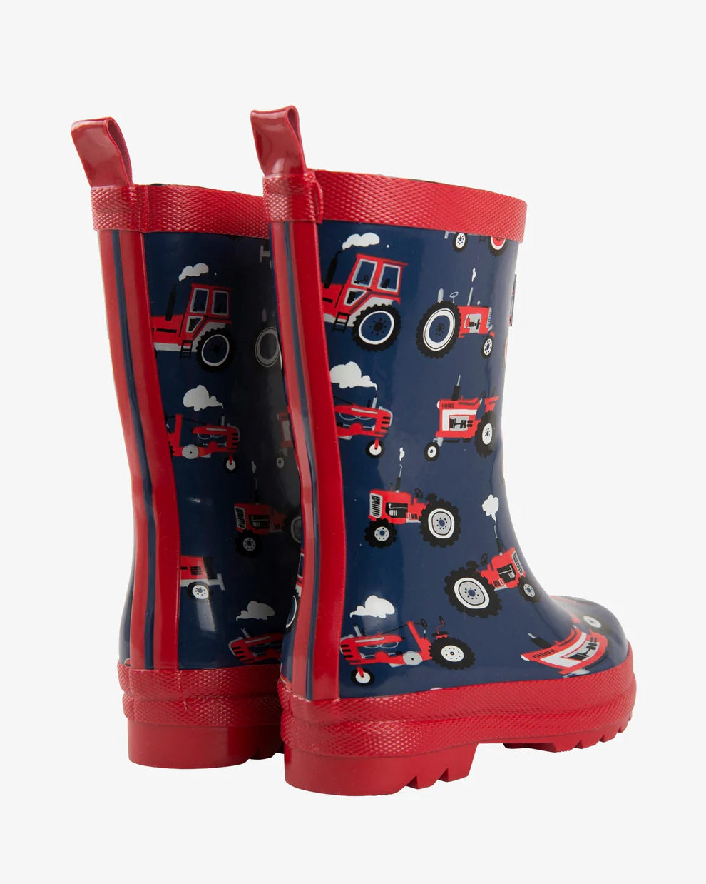 Hatley Boys Red Farm Tractors waterproof wellies back view with red pull tabs