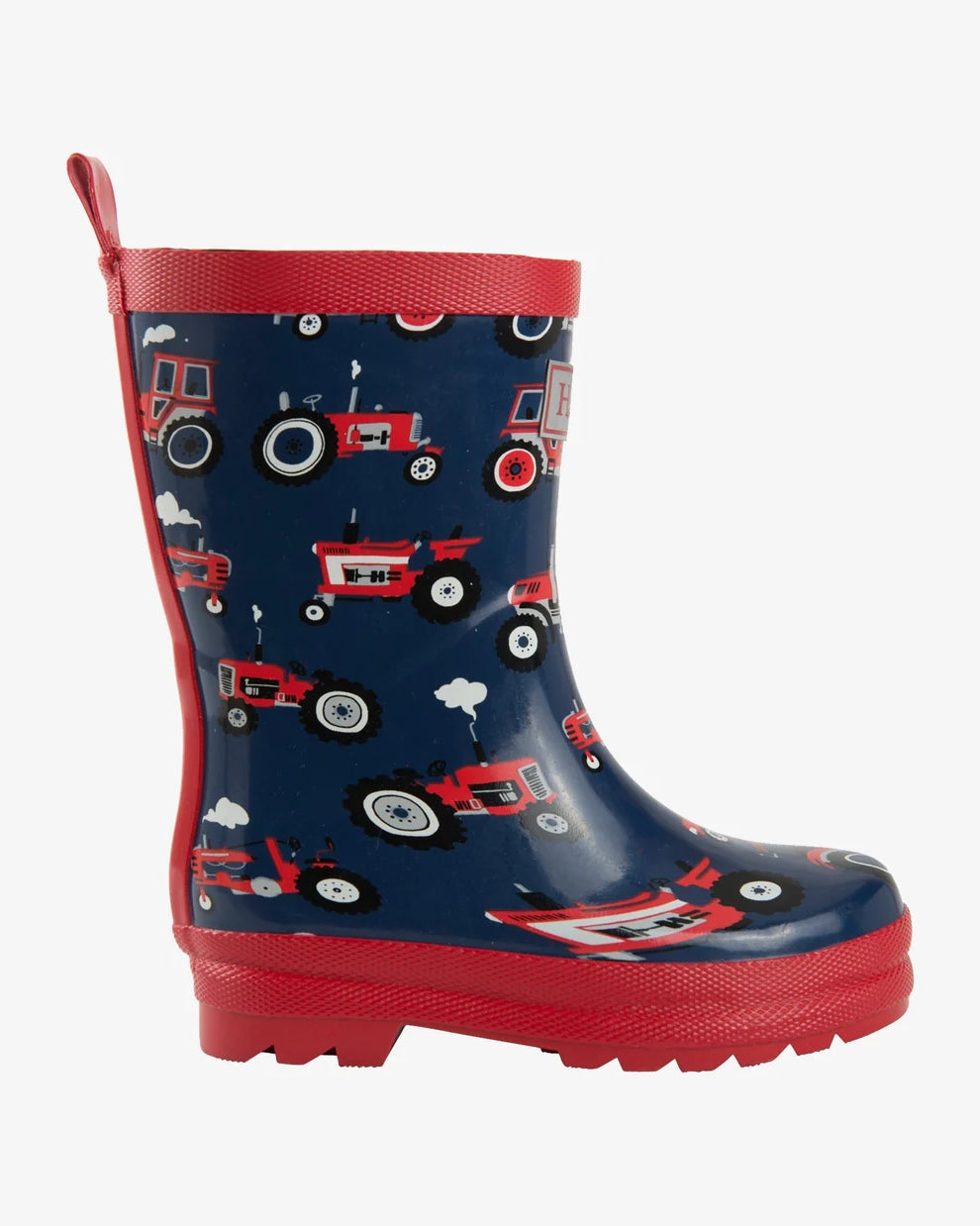 Hatley Boys Red Farm Tractors rain boot side view with tractor print