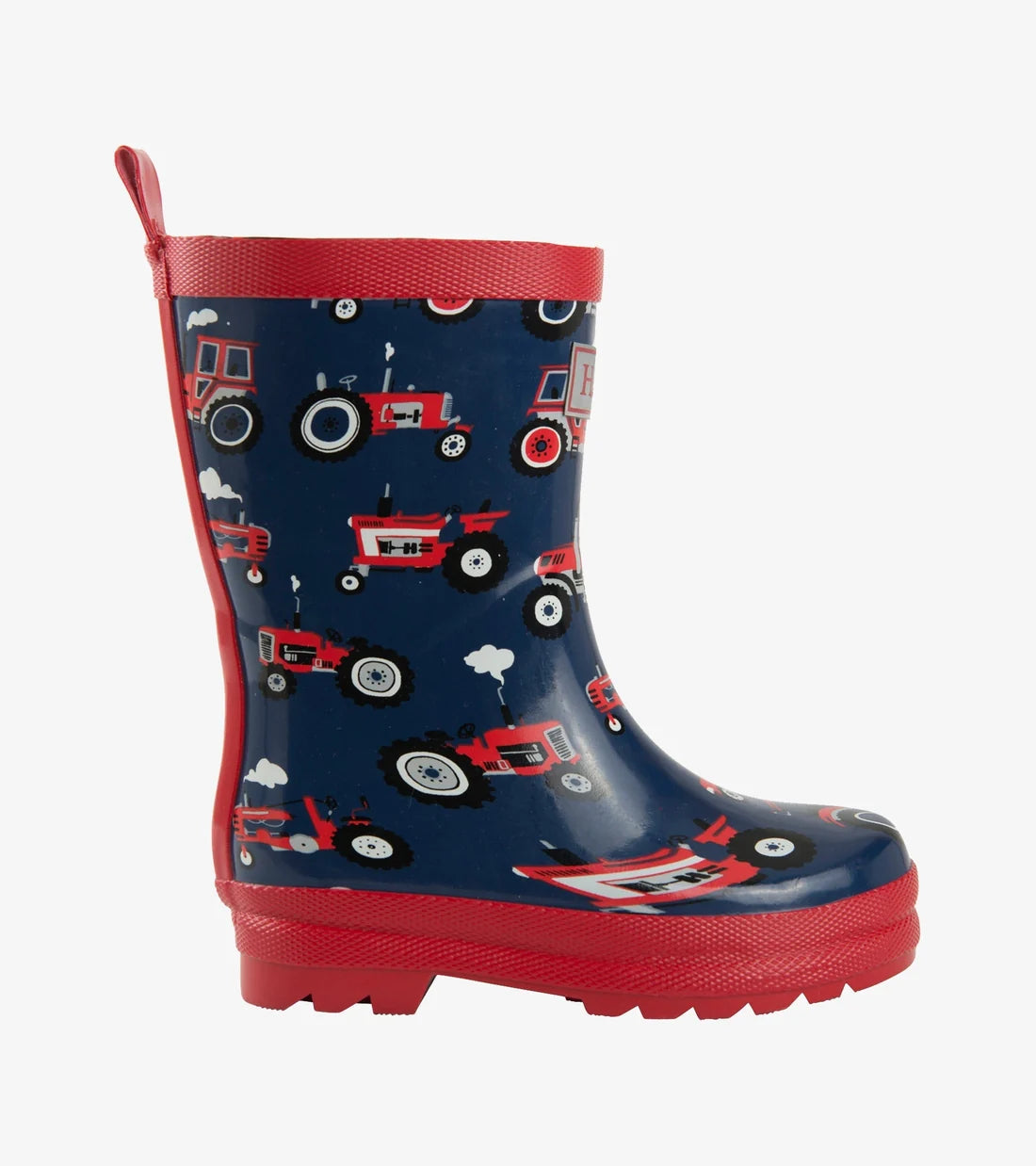 Hatley Boys Red Farm Tractors rain boot side view with tractor print