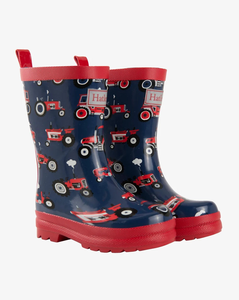 Hatley Boys Red Farm Tractors rain boots front view in navy and red