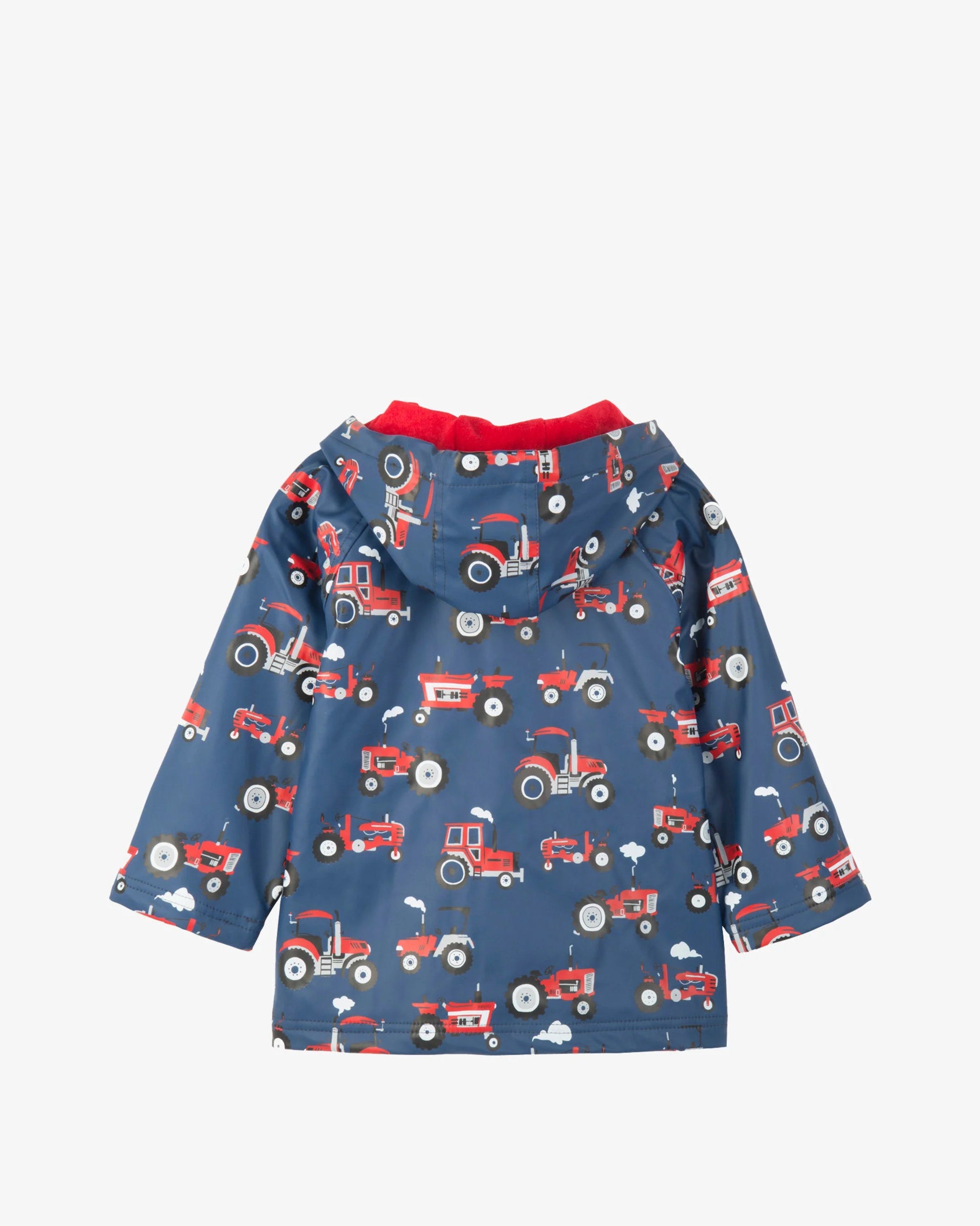 Hatley Boys Farm Tractors waterproof raincoat back view with red tractor print