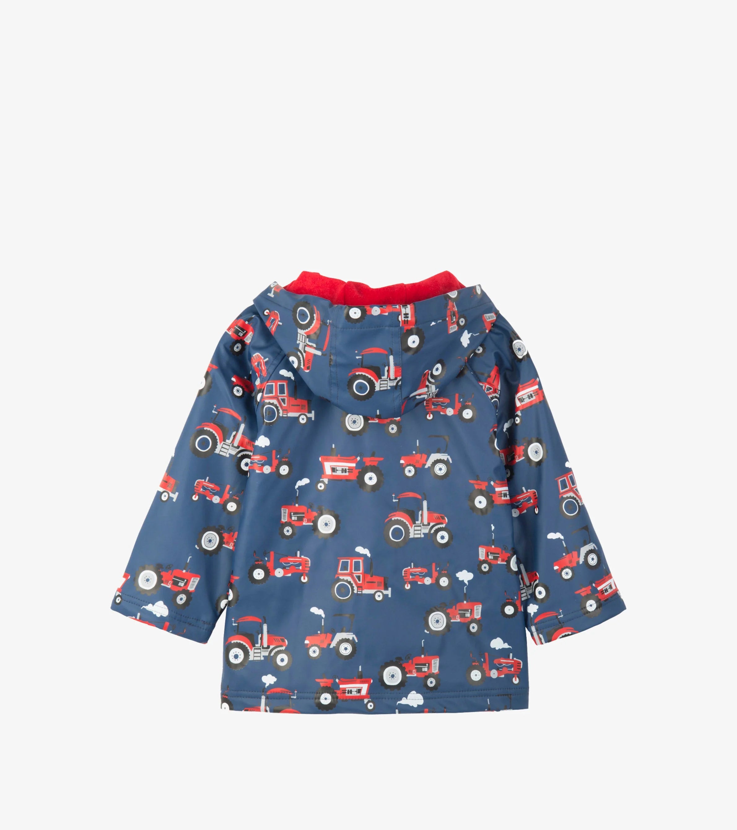Hatley Boys Farm Tractors waterproof raincoat back view with red tractor print
