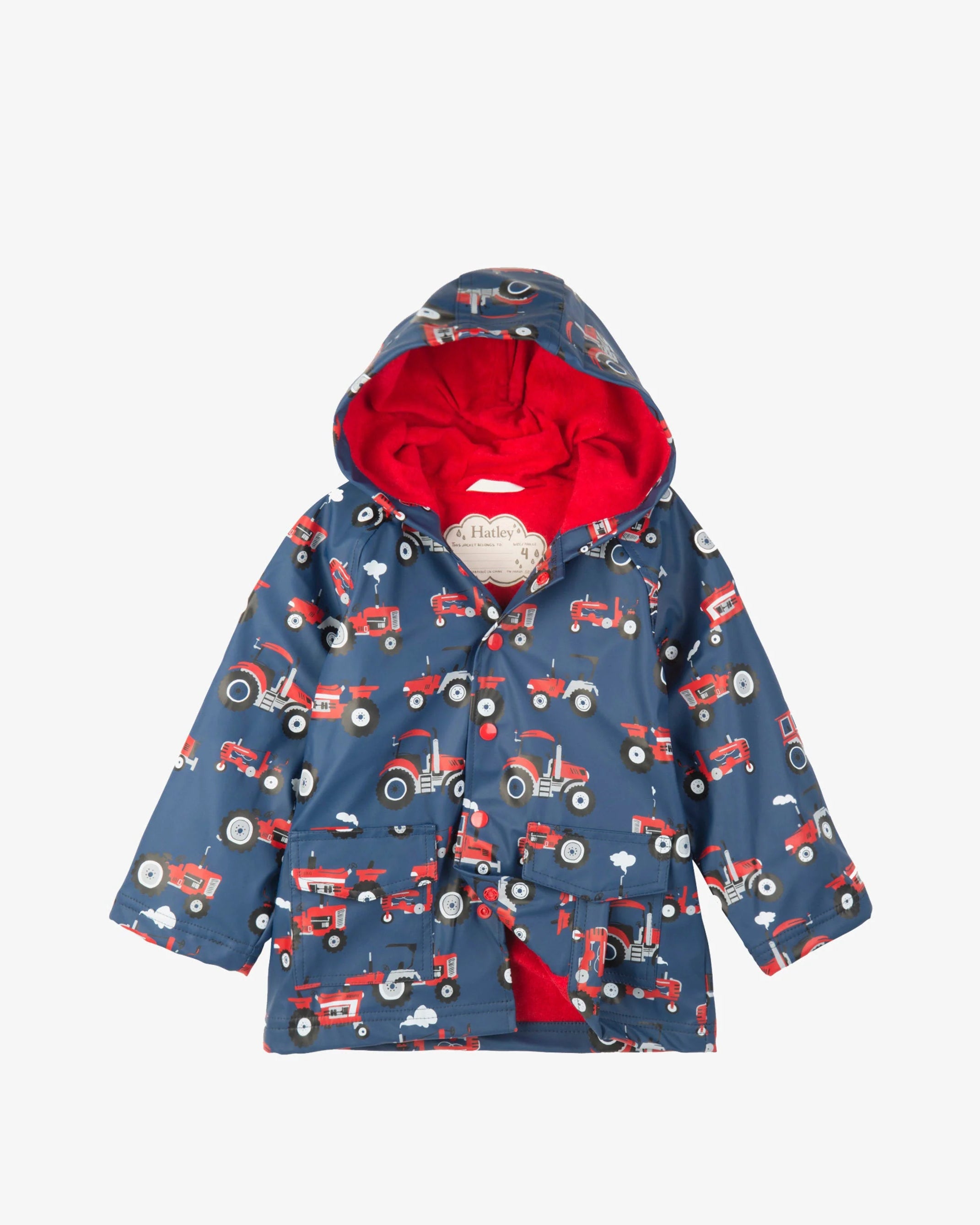 Hatley Boys Farm Tractors navy waterproof raincoat front view with red tractor print and red hood lining