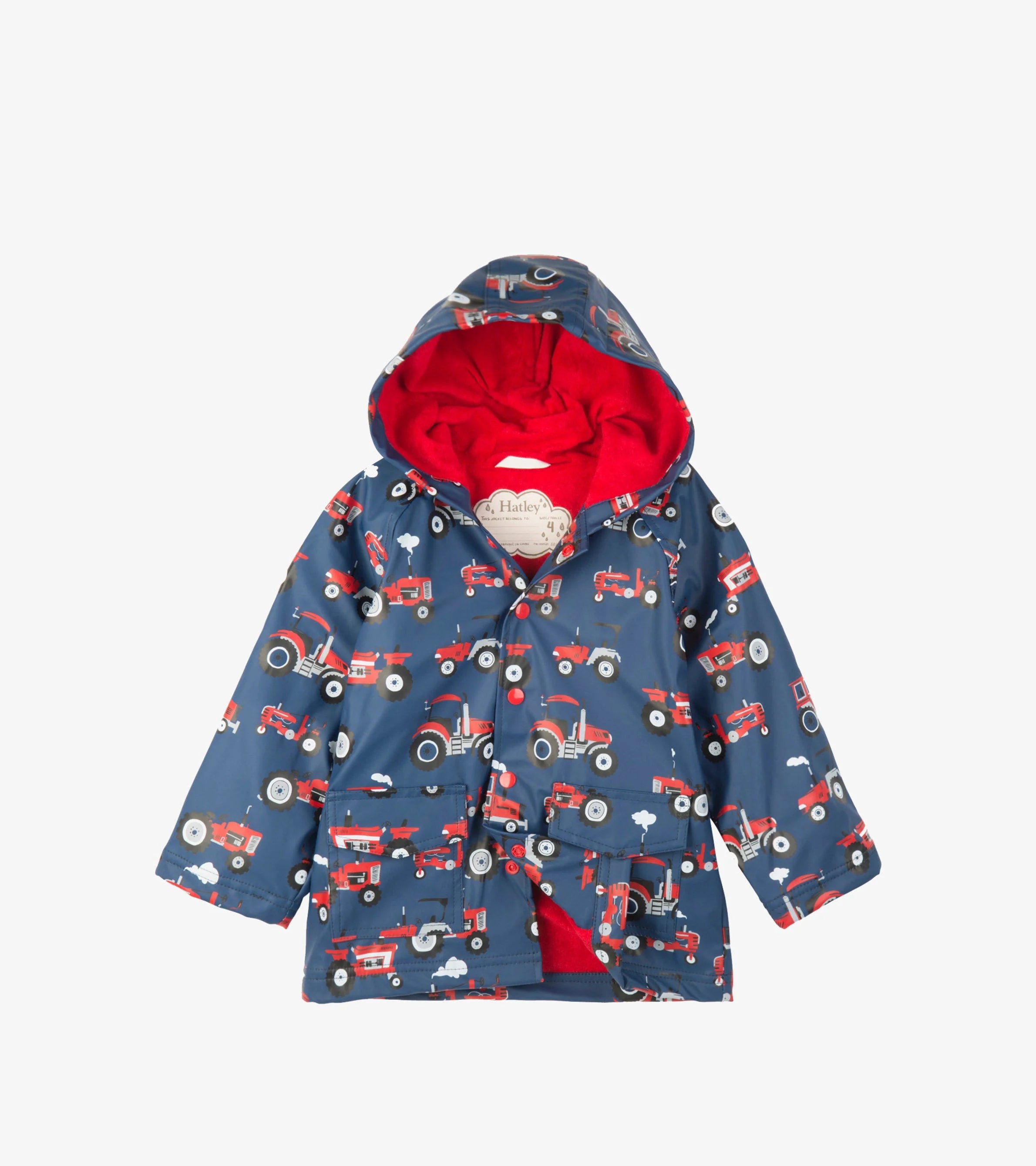 Hatley Boys Farm Tractors navy waterproof raincoat front view with red tractor print and red hood lining