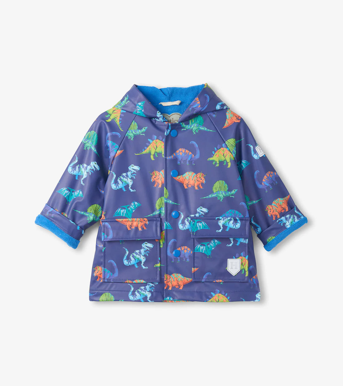 Hatley boys dinosaur raincoat navy waterproof jacket front view
