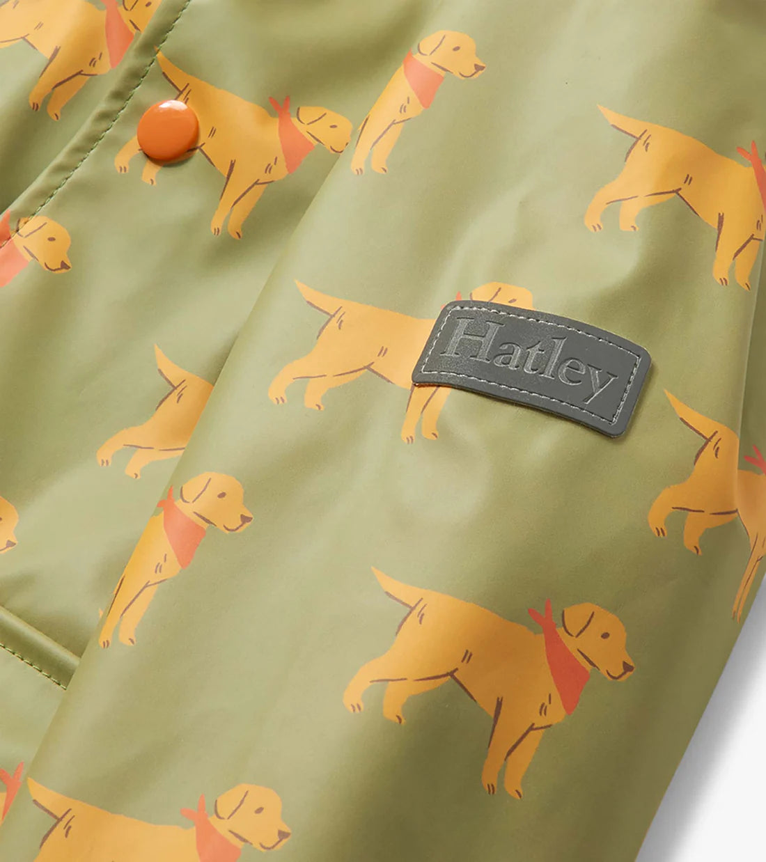 Hatley puppy print raincoat fabric detail logo badge