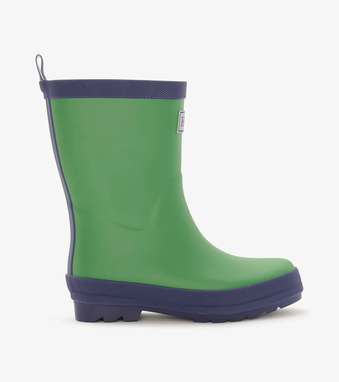 Side view of Hatley matte green unisex waterproof rain boots