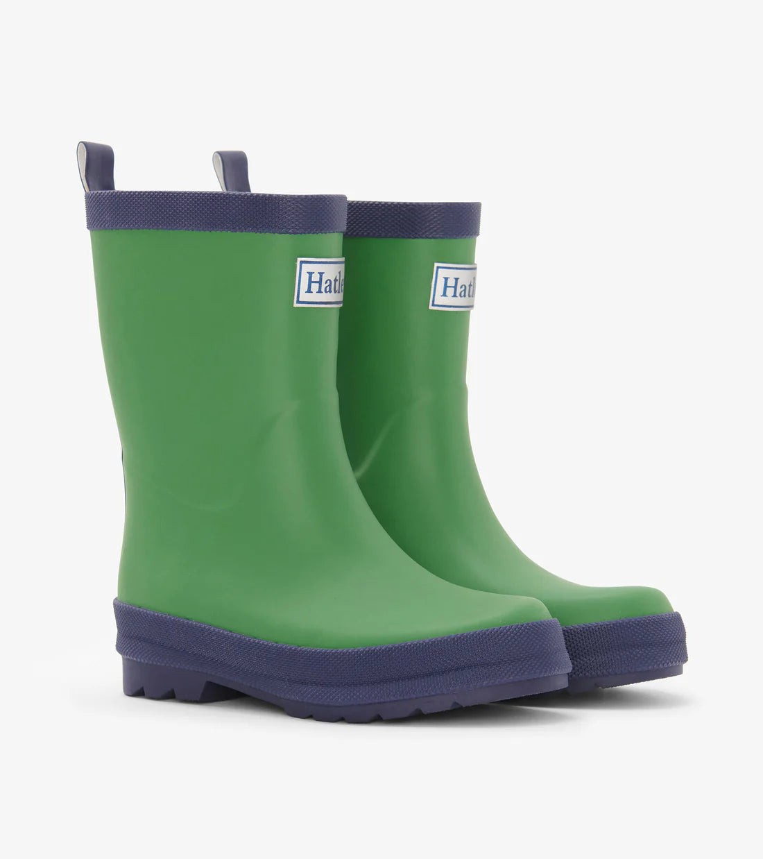 Hatley matte green unisex rain boots with navy trim front view