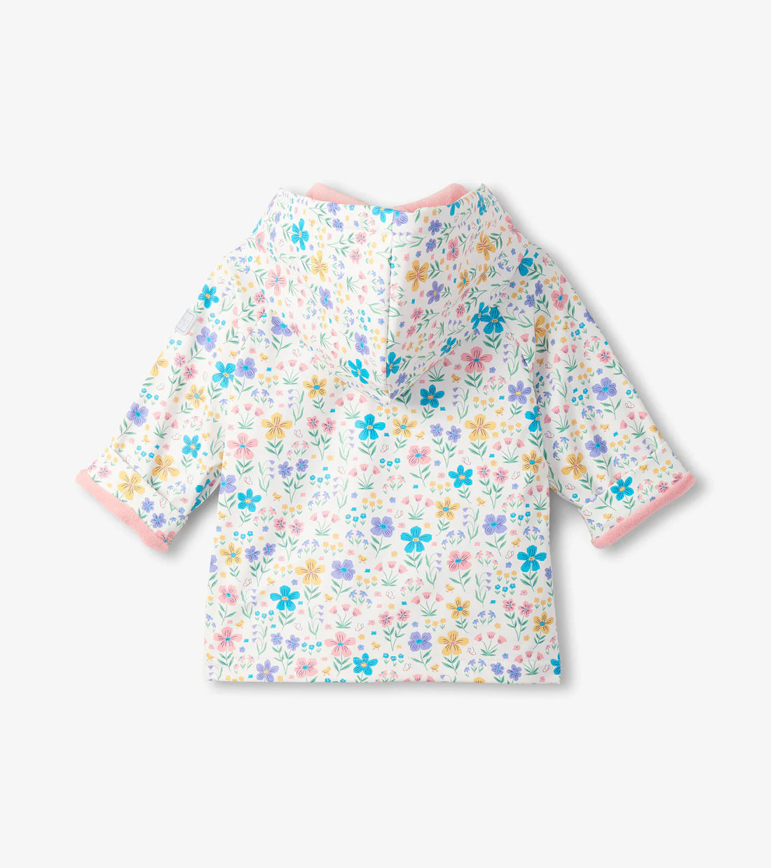 Back view of Hatley girls floral waterproof raincoat with hood