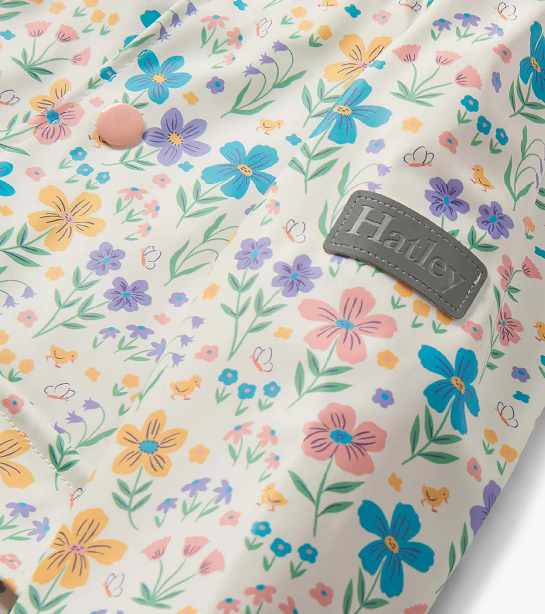Hatley girls waterproof floral raincoat fabric detail with logo badge