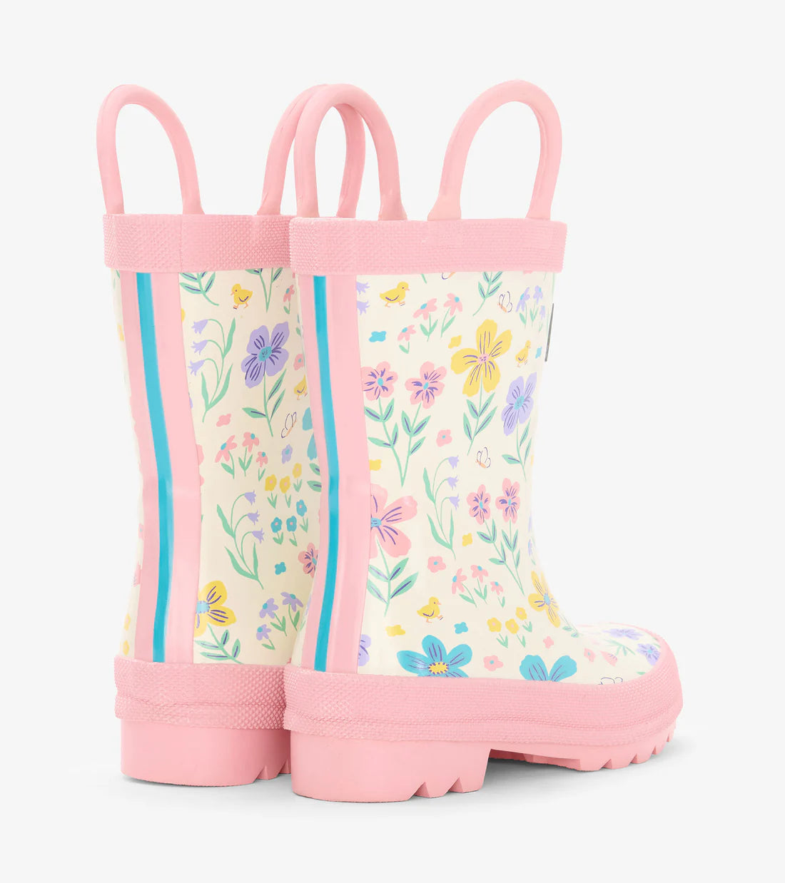 Back view of Hatley girls floral wellington boots with pull-on handles