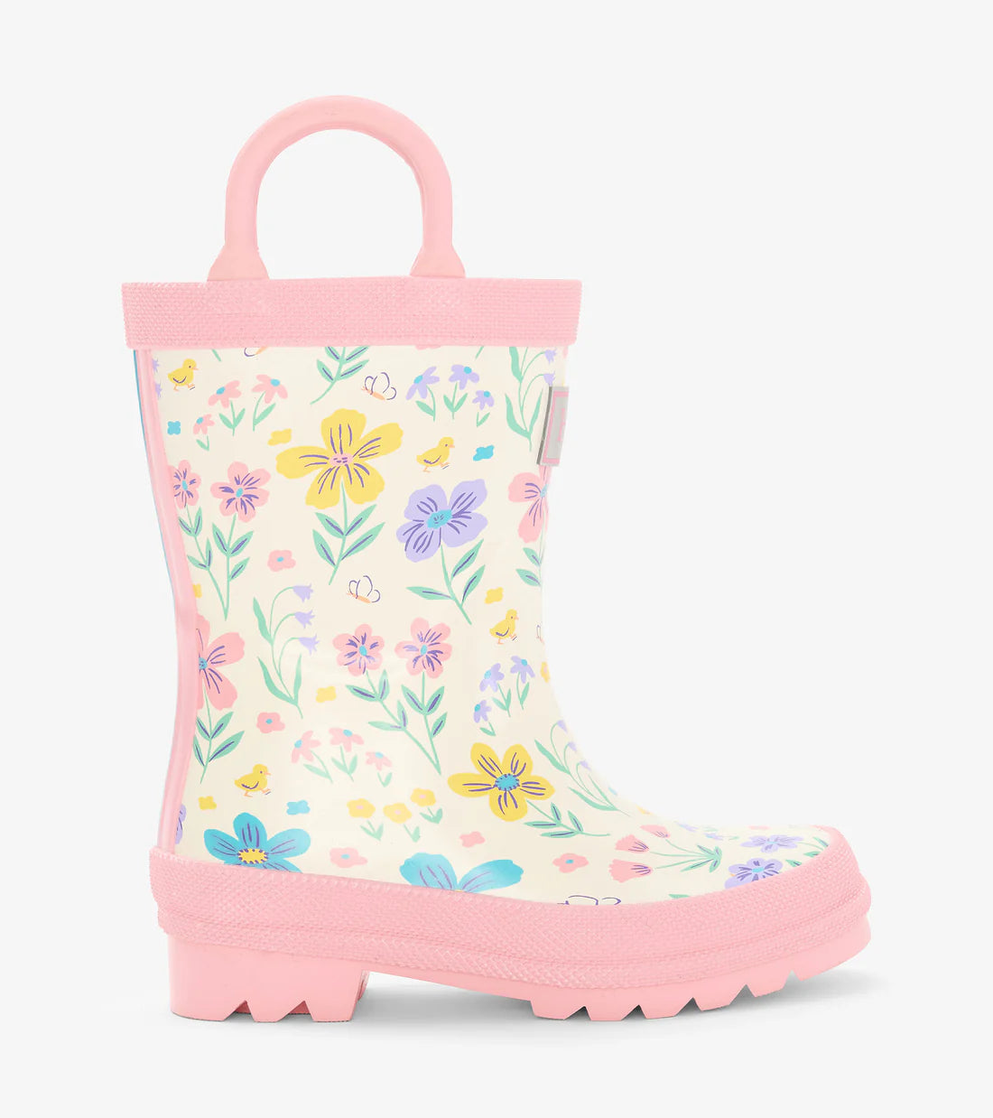 Side view of Hatley girls floral rain boots with pink trim