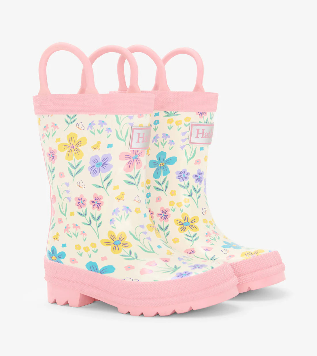 Hatley girls floral rain boots with cute butterflies front view