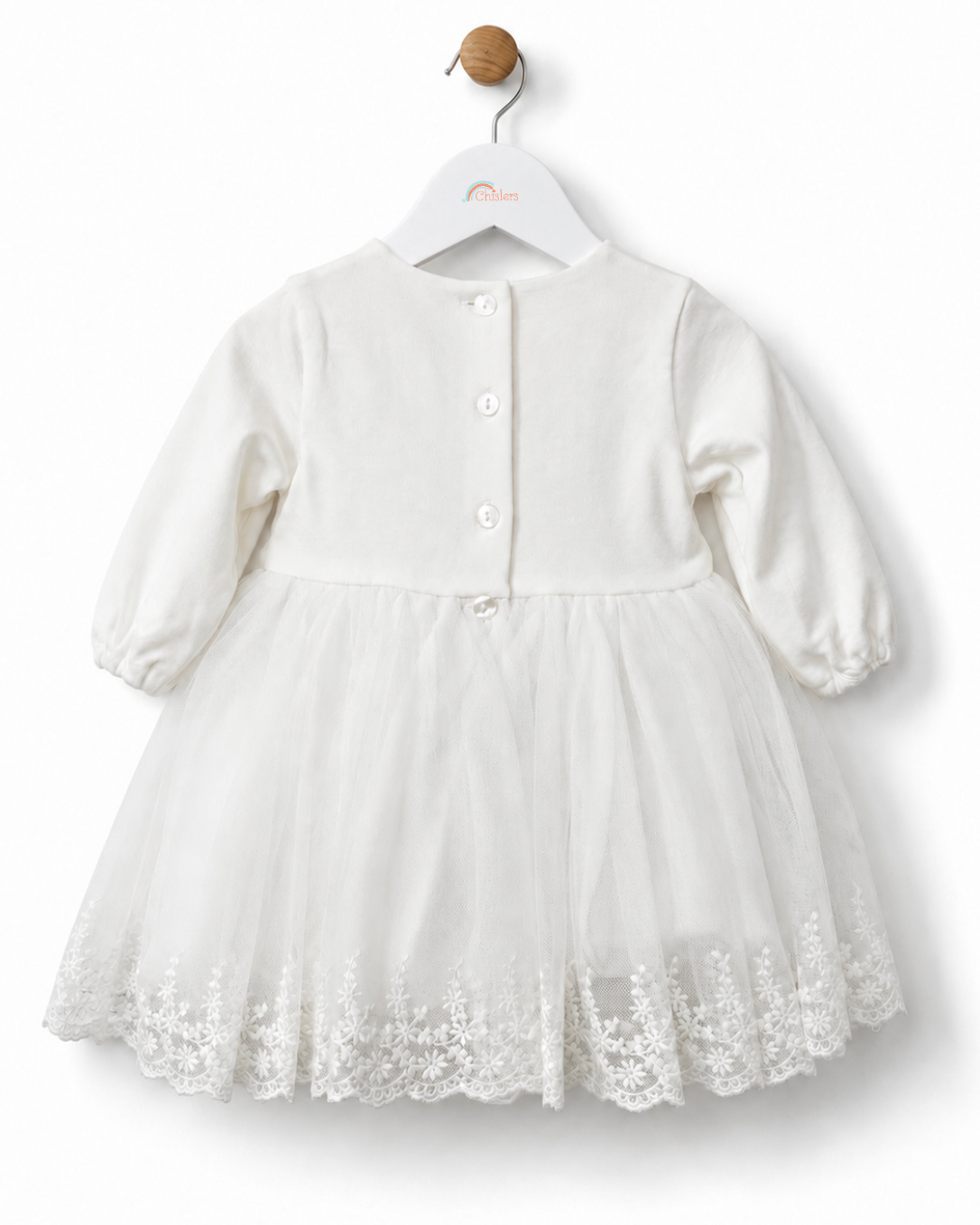Back view of iDO Mini baby girls ivory christening dress with long sleeves and button fastenings