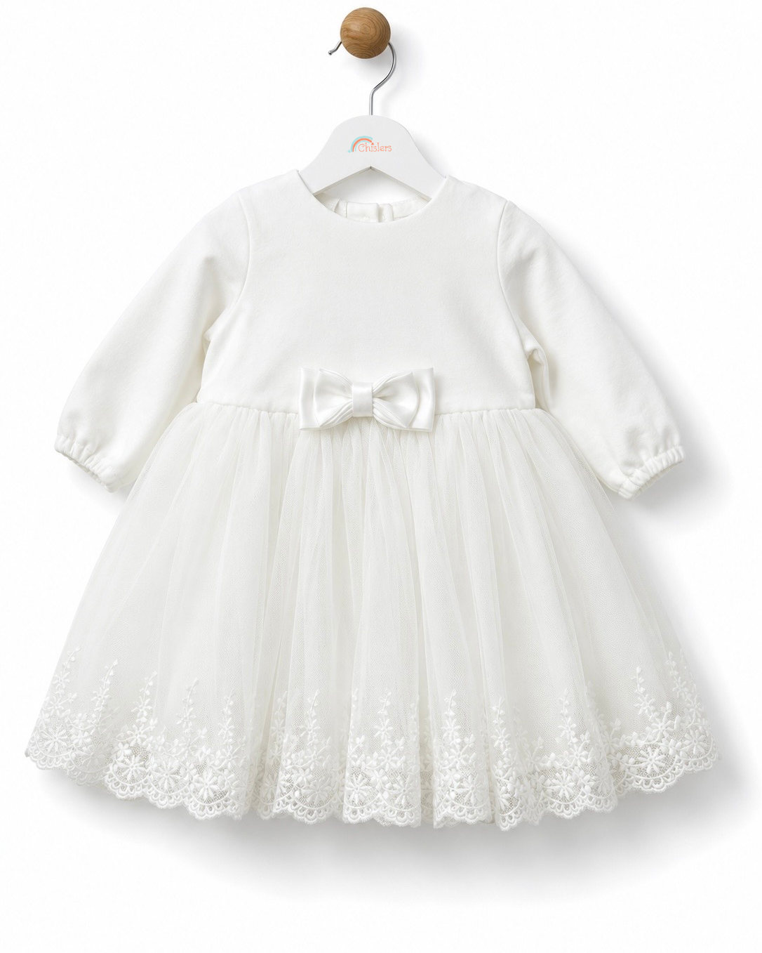 Front view of iDO Mini baby girls ivory christening dress with satin bow and embroidered tulle skirt