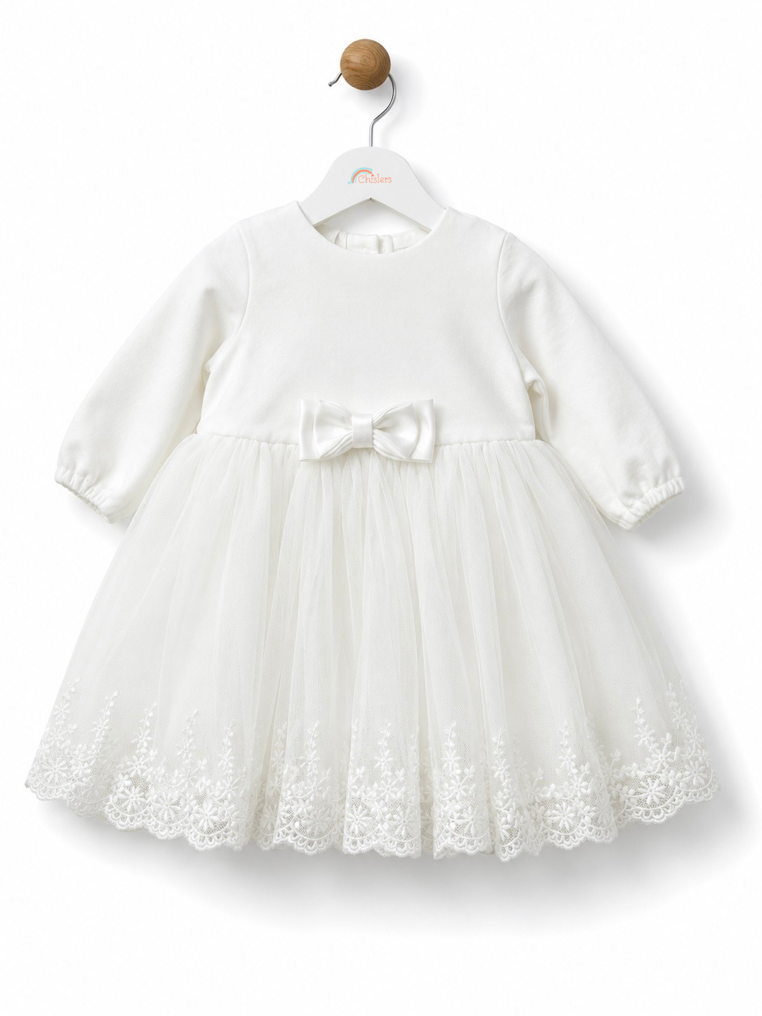 Front view of iDO Mini baby girls ivory christening dress with satin bow and embroidered tulle skirt