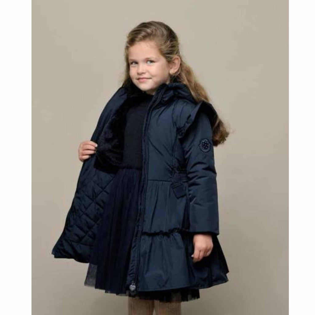 Le Chic Girls Ruffled Navy Hooded School Coat With Belt