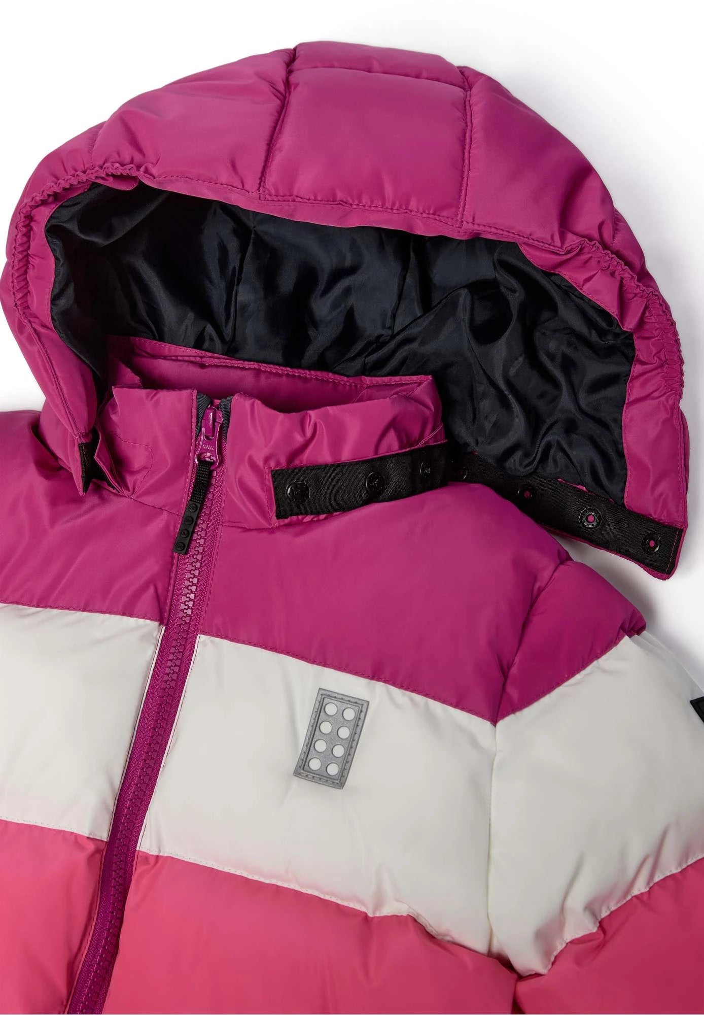 LEGO Wear pink stripe warm winter jacket — close-up of hood and zip