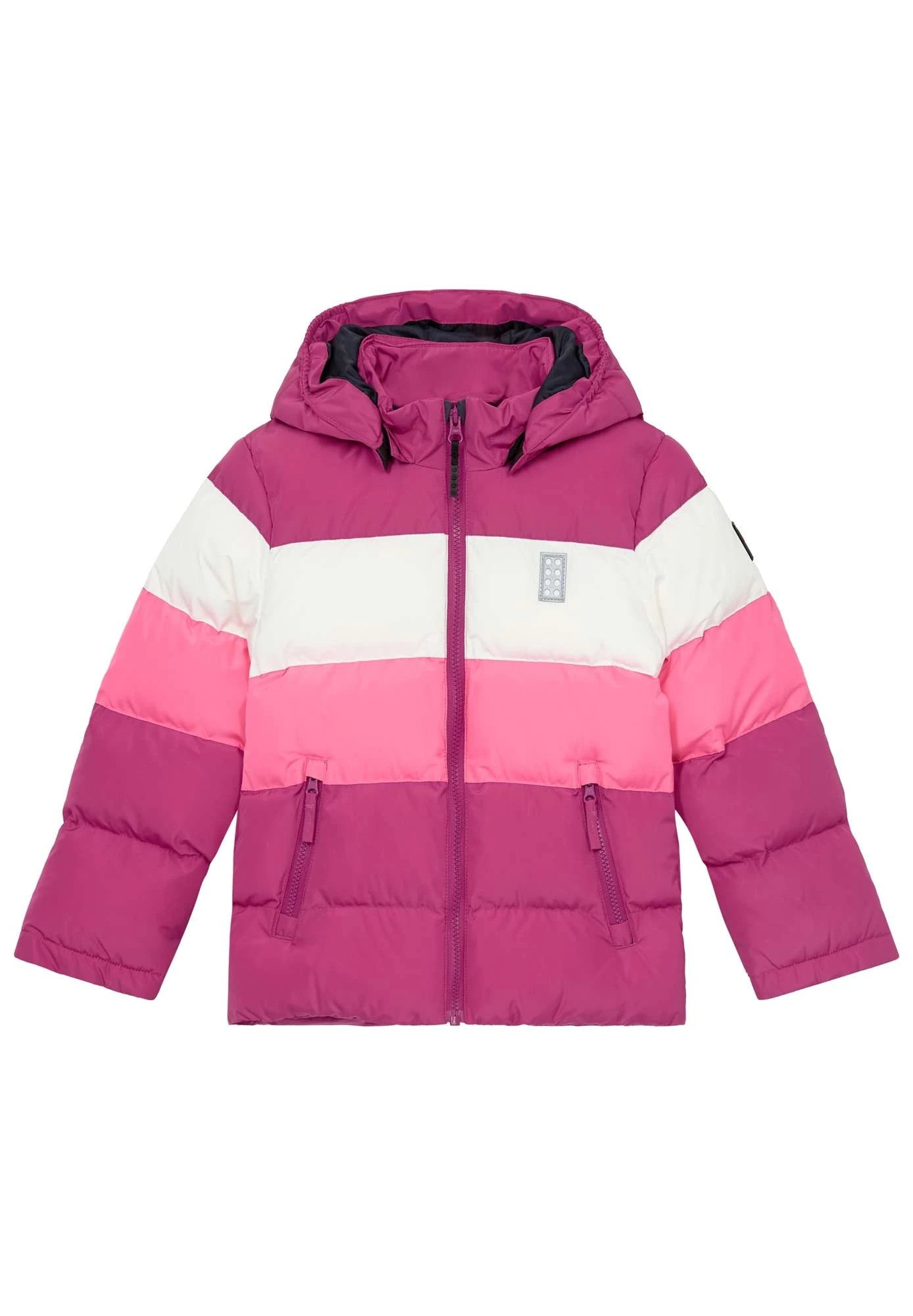 LEGO Wear girls pink stripe puffer jacket — front view