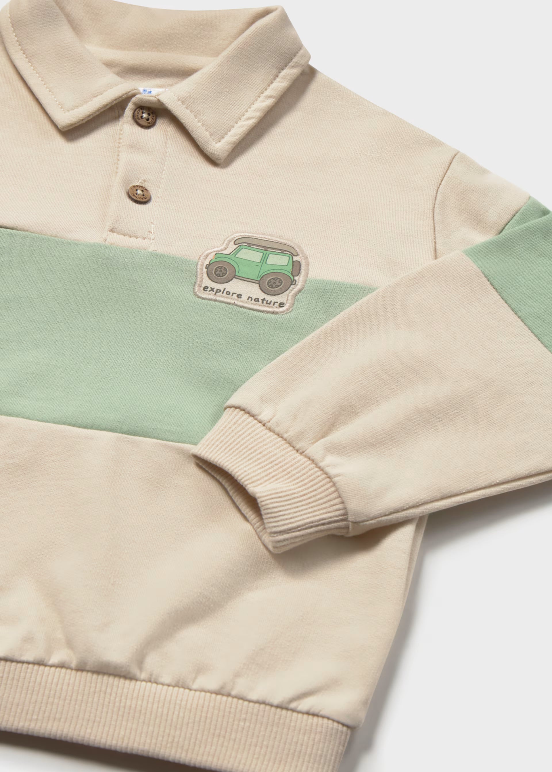Mayoral boys beige green stripe polo top car detail close up
