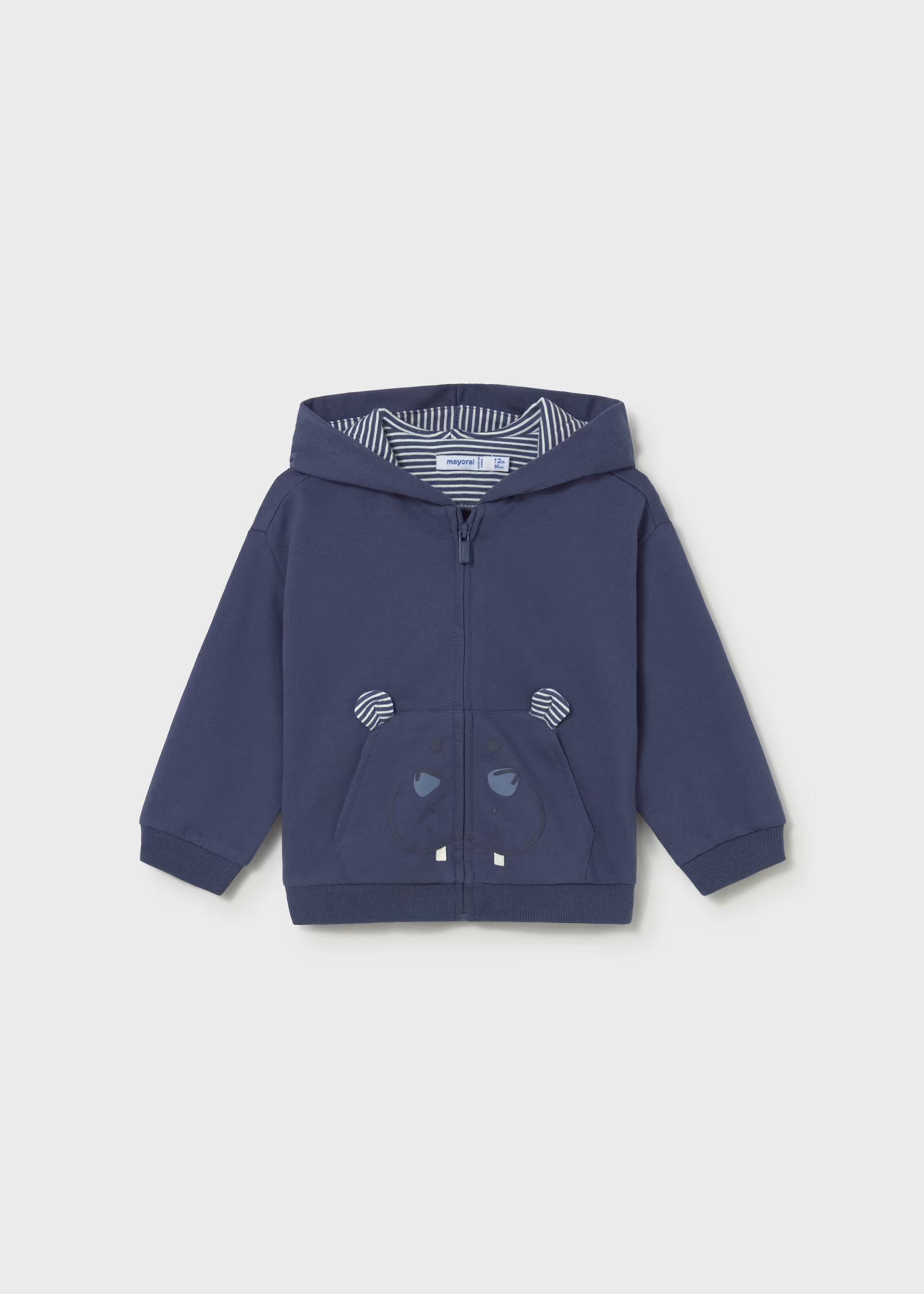 Mayoral boys navy hungry hippo interactive animal hoodie front view