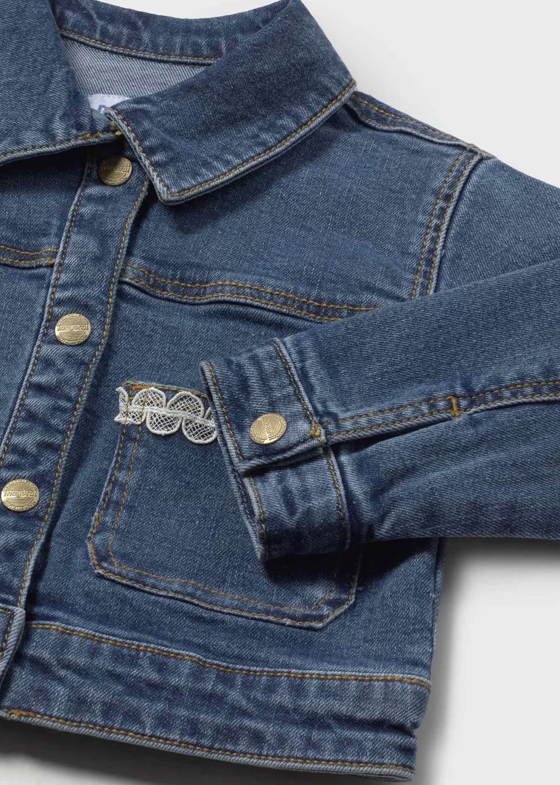Mayoral baby girls denim jacket lace pocket detail close up