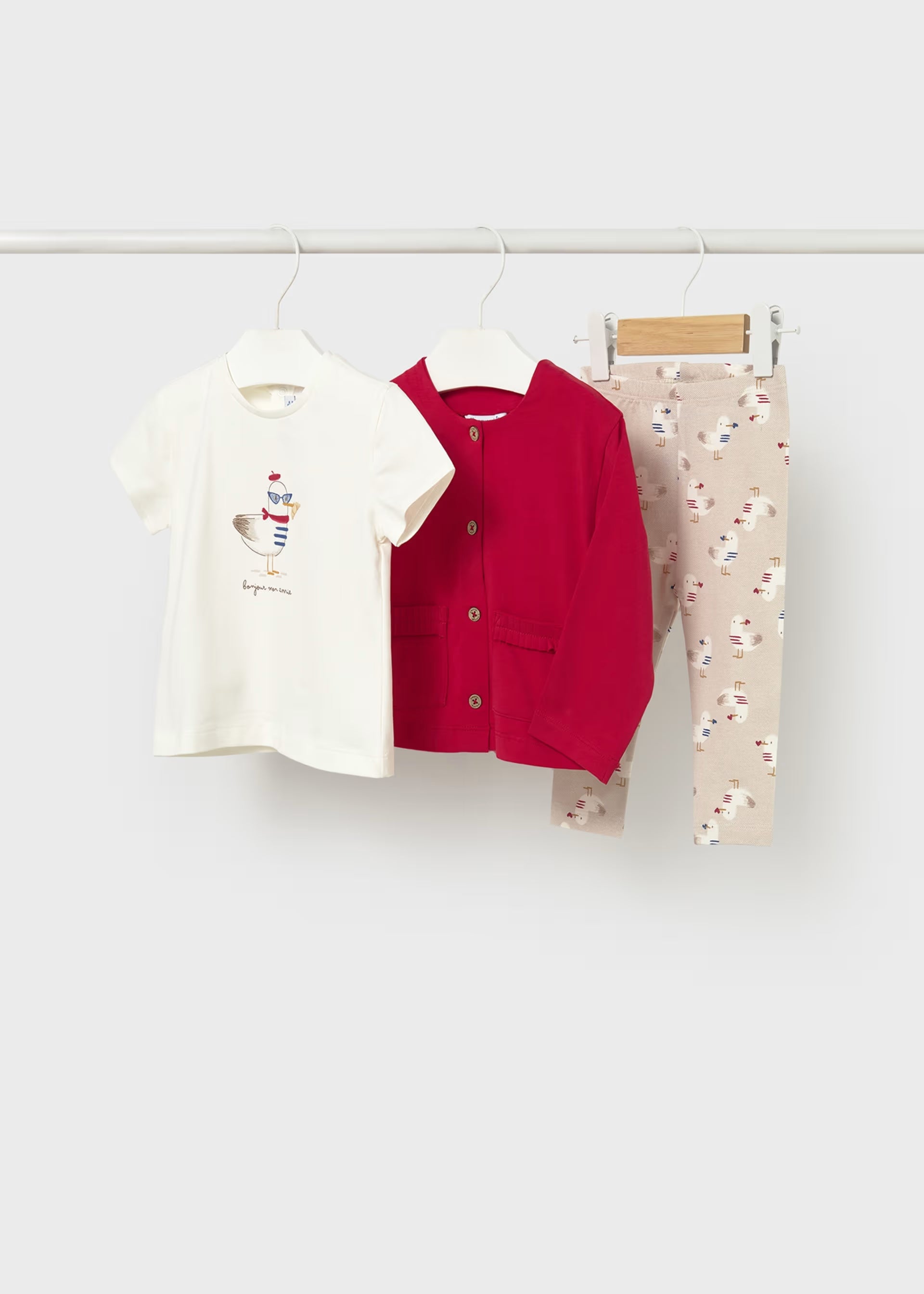 Mayoral girls 3 piece outfit set with cream top red cardigan and printed leggings