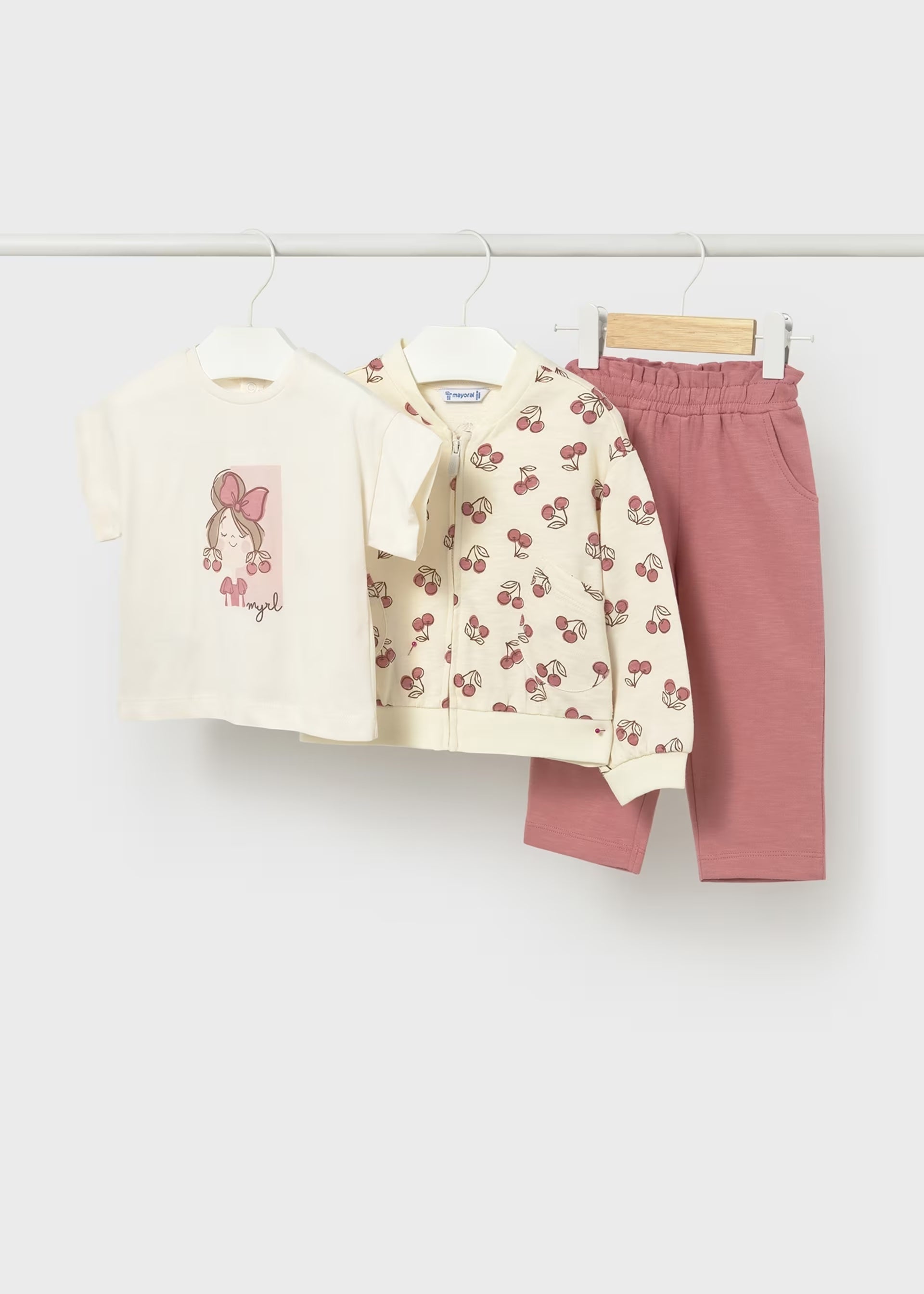 Mayoral girls cherry print 3 piece tracksuit outfit set front view