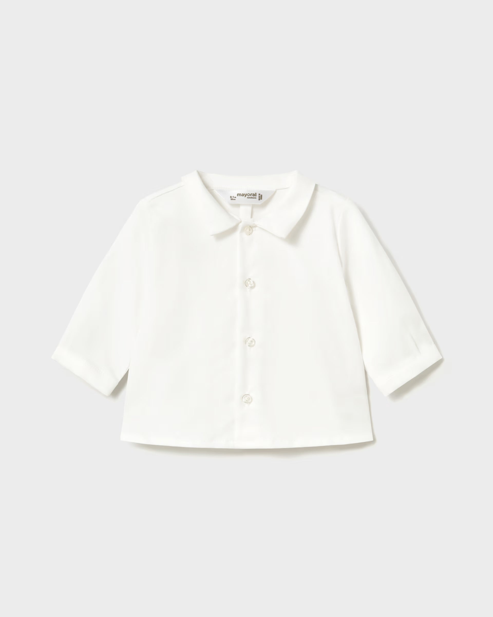 Mayoral newborn baby boys white long-sleeved collared shirt front view