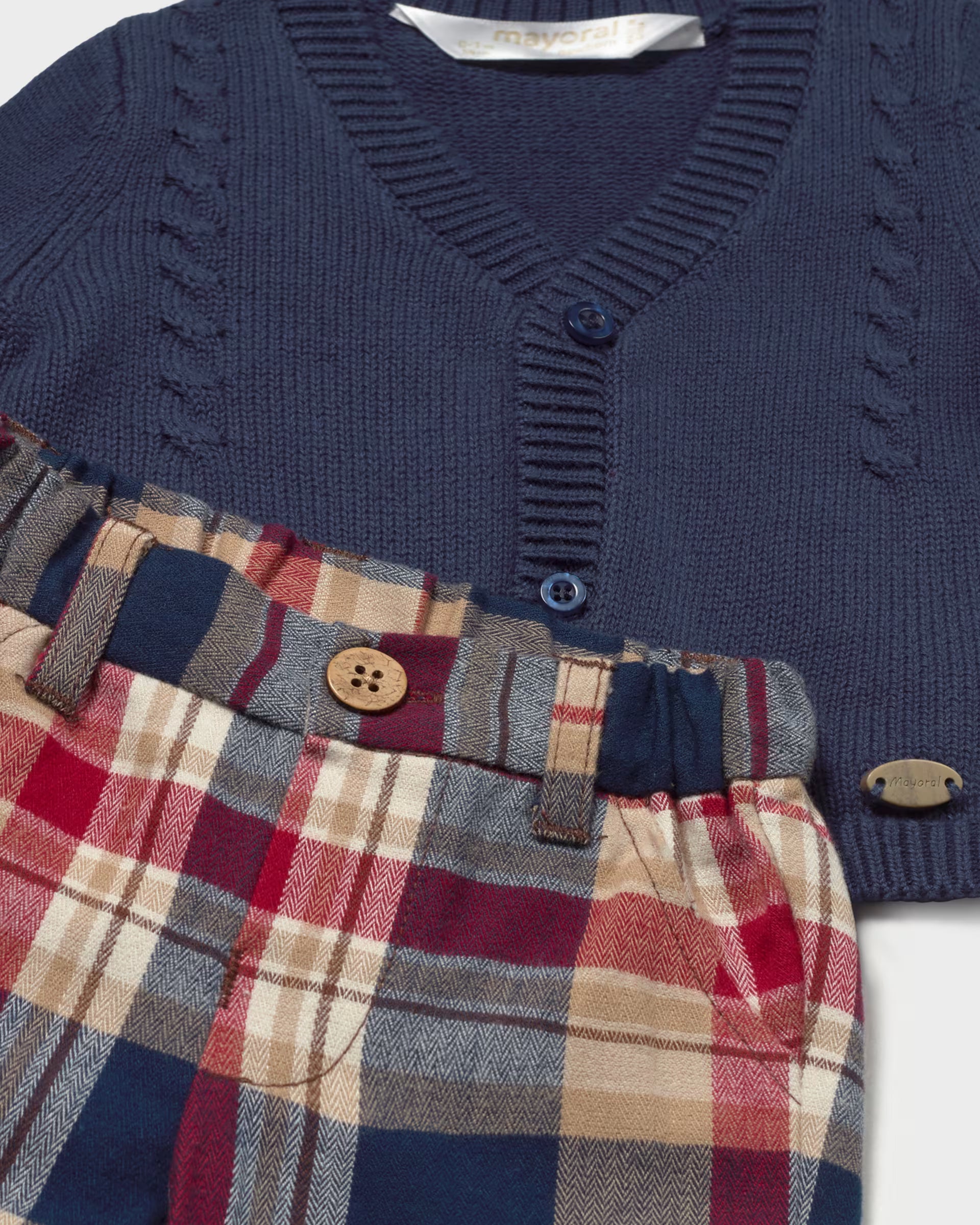 Close-up of Mayoral navy cardigan and red navy check trouser Christmas outfit set for baby boys