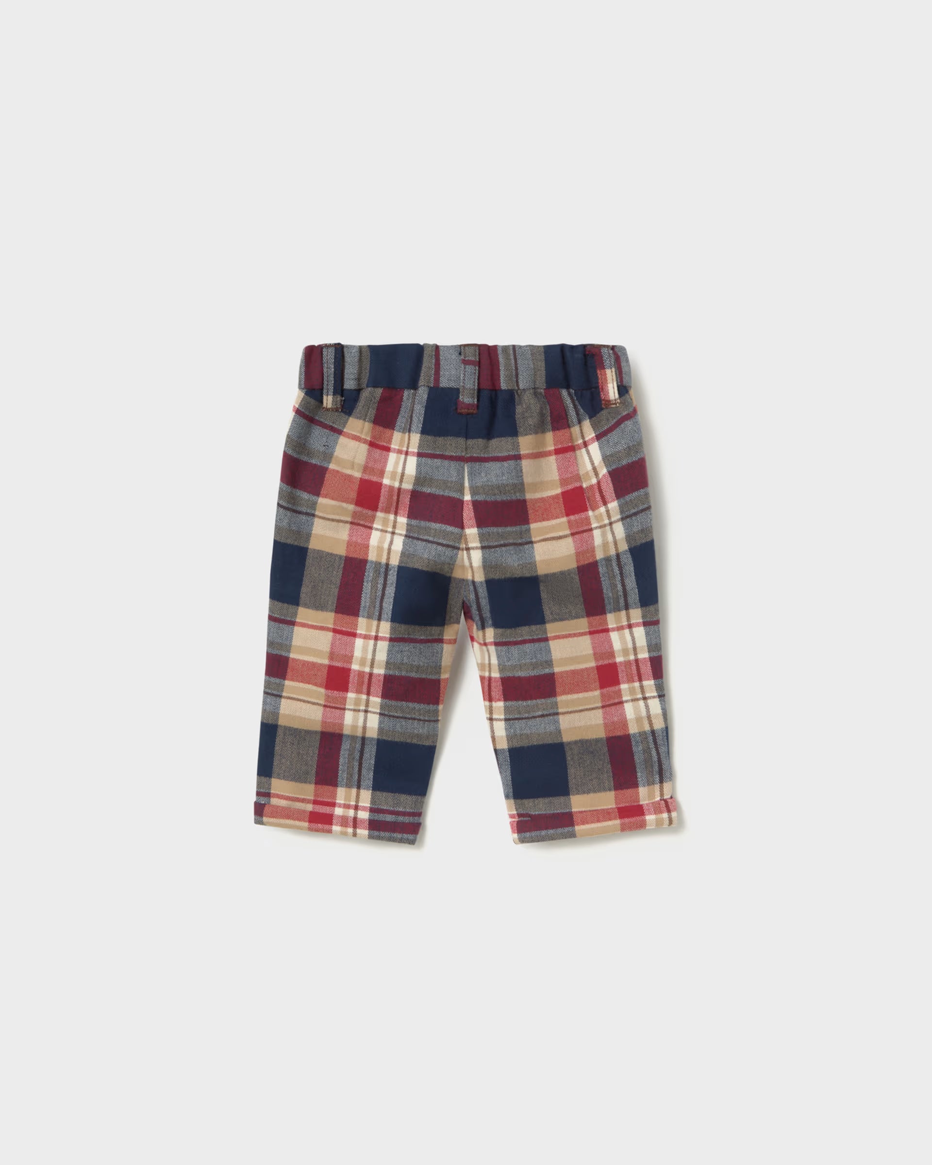 Mayoral newborn baby boys red navy and beige check trousers front view