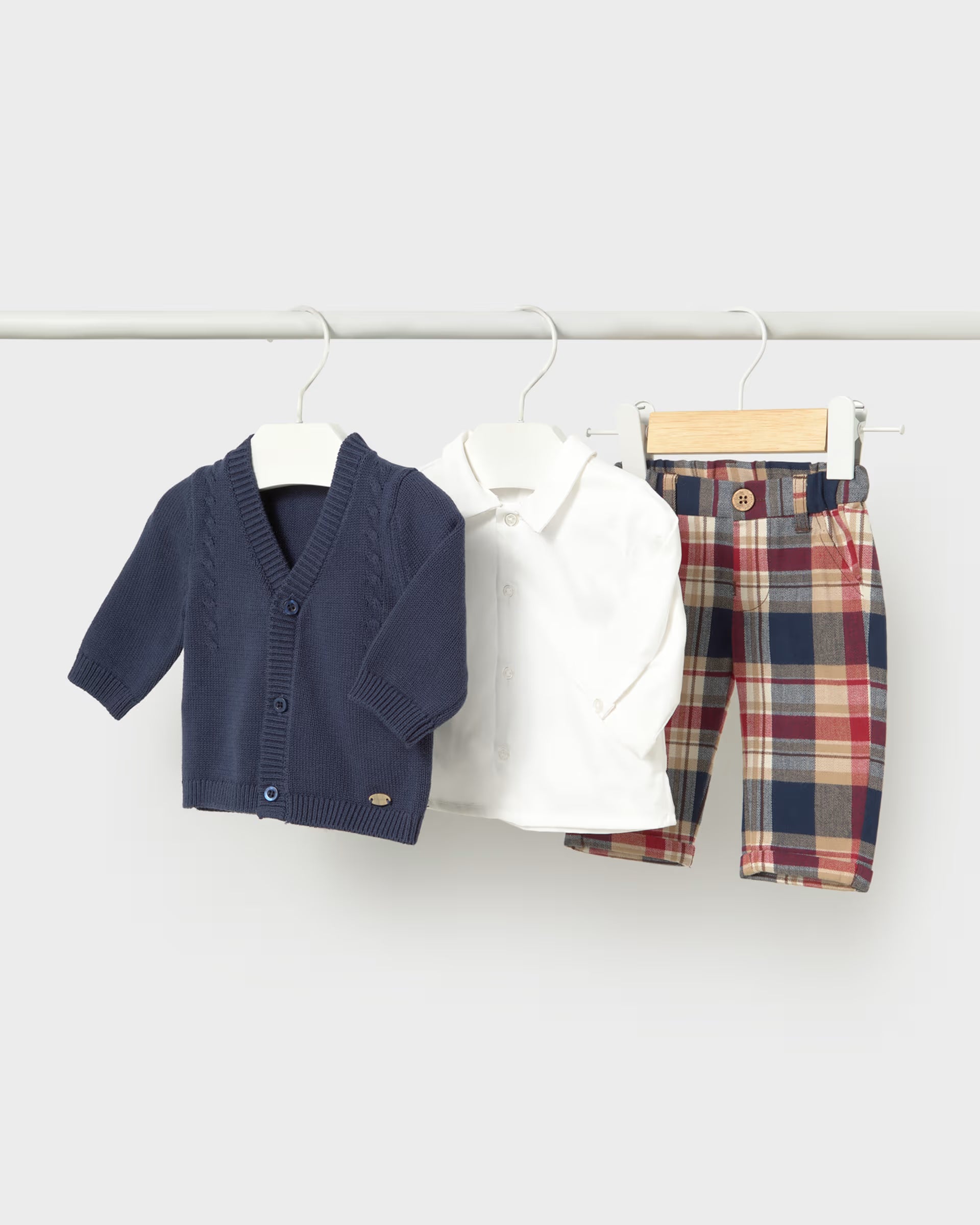 Mayoral newborn baby boys navy check three-piece outfit set with cardigan, white shirt and trousers