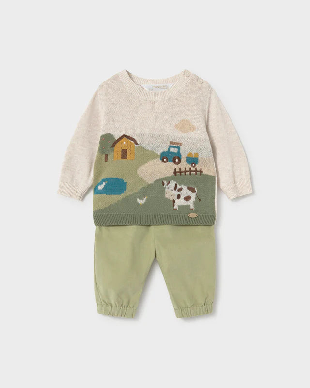 Mayoral newborn baby boys cream farm knitted jumper and green trouser outfit set